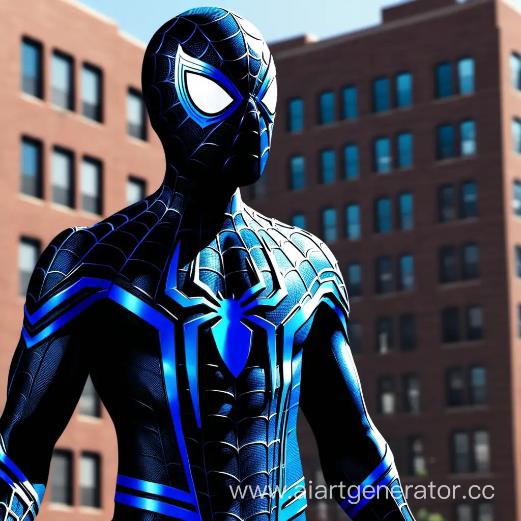 Человек паук с черно-синим костюмом. На костюме синий логотип паука.
