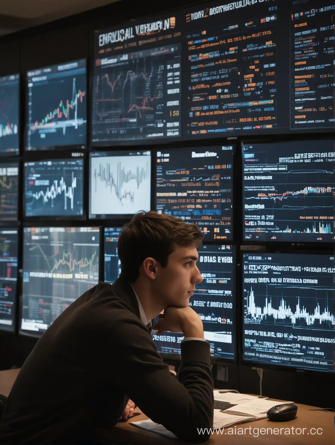 Contemplative-Young-Man-Analyzing-Financial-Data-on-Multiple-Screens-with-Television-Showing-Bloomberg-or-CNBC-in-Background