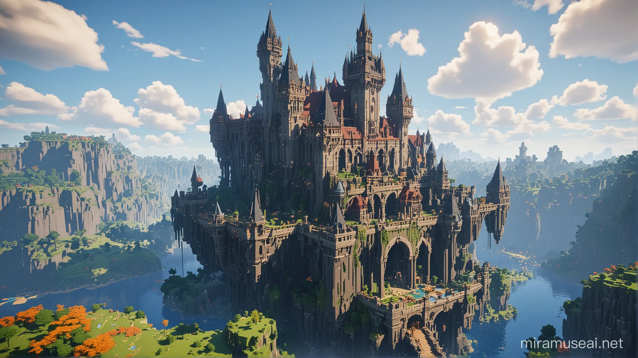 A minecraft style floating castle in the sky, it is on a floating island with waterfalls going over the edge. It is a beautiful and elegant castle of dark stone with circular towers and spires with colorful roof. 