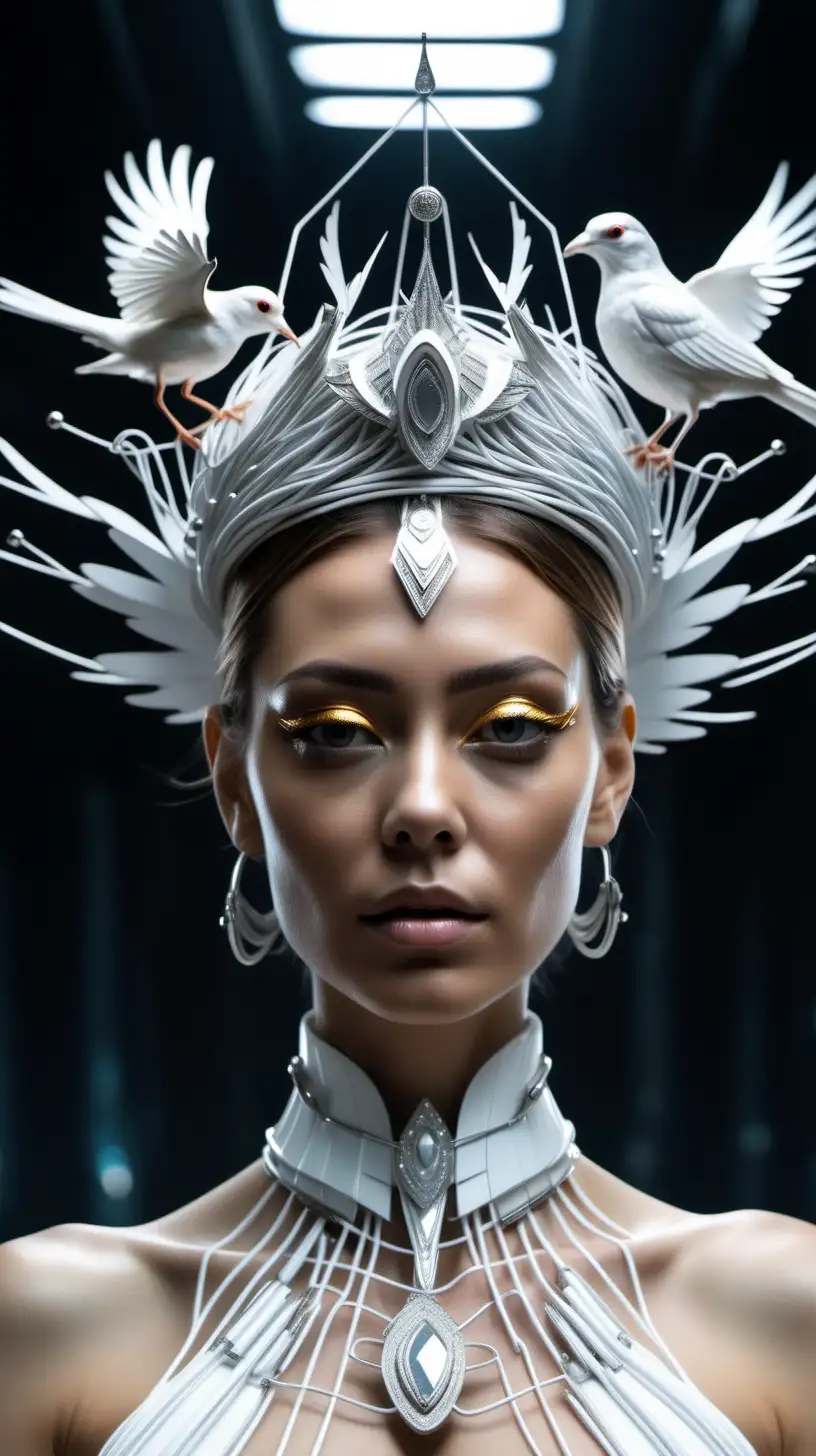 Futuristic Portrait of Woman with White Bird Crown and Collar