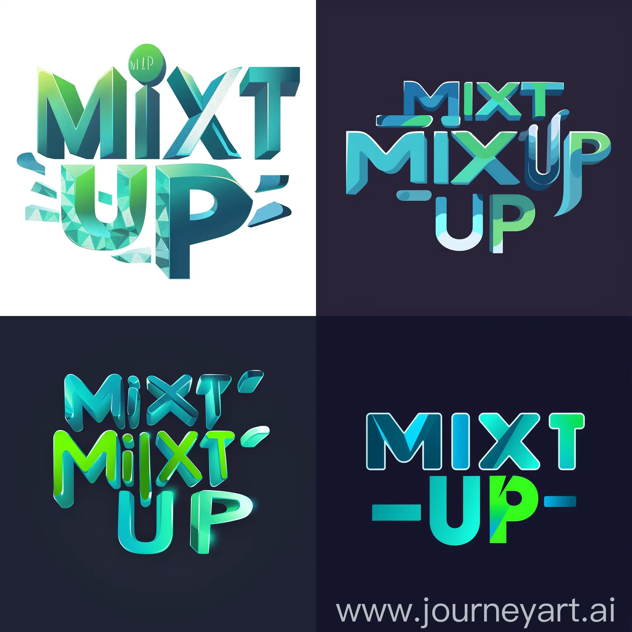 A logo features sleek and modern typography with "MIXT" in bold uppercase letters and "UP" in a lighter weight, positioned slightly above "MIXT". The letters are arranged in a dynamic and interconnected manner, representing the concept of mixing things up and versatility. The color palette consists of a vibrant mix of blue and green tones, evoking a sense of innovation, growth, and freshness. Overall, the design exudes professionalism, creativity, and forward-thinking, reflecting the values and ethos of the affiliate sales company, MIXT-UP.