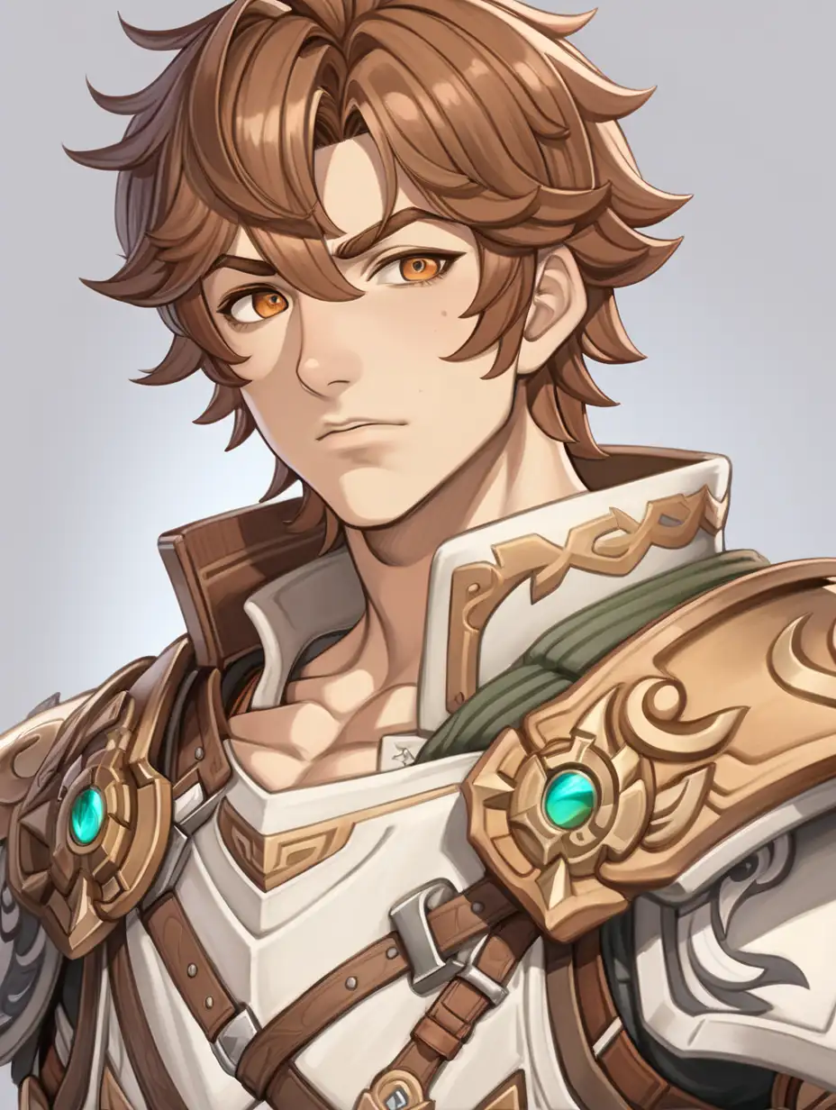 male warrior, tan skin, heterochromia, athletic build, genshin impact, anime sketch style, rugged adventurer outfit, chest showing, brown hair, playful expression, little bit buff, dungeons and dragons, droopy eyes, human, young adult, no facial hair, handsome, flirty, no armor