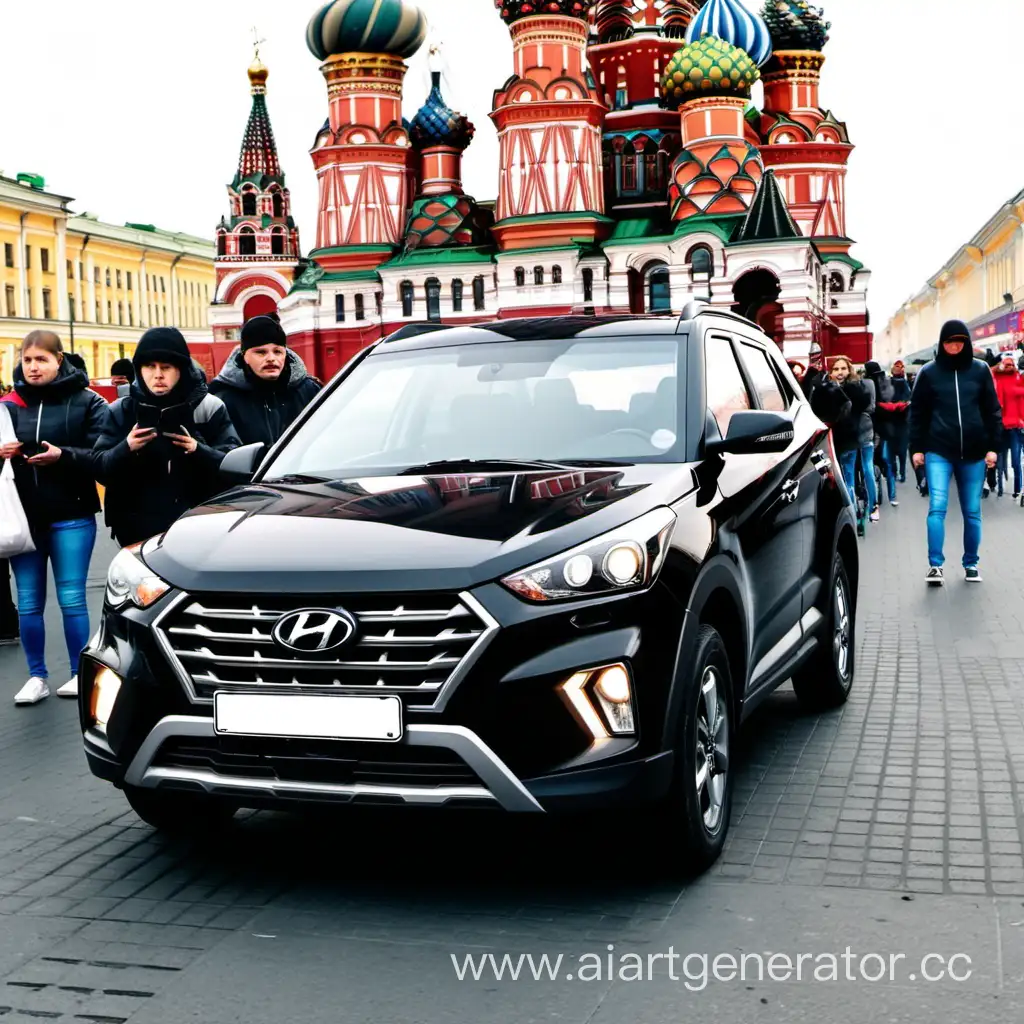 Черная Hyundai Creta в Москве на красной площади среди множества людей