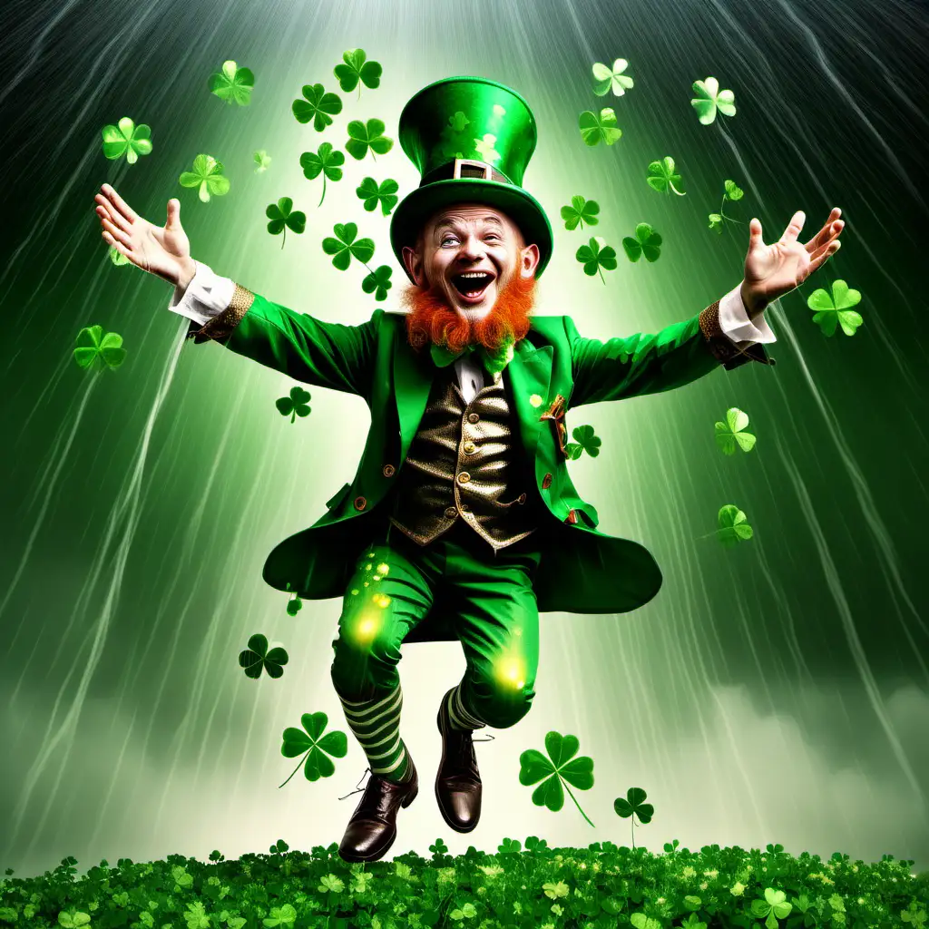 leprechaun with green four leaf clovers raining down from the sky