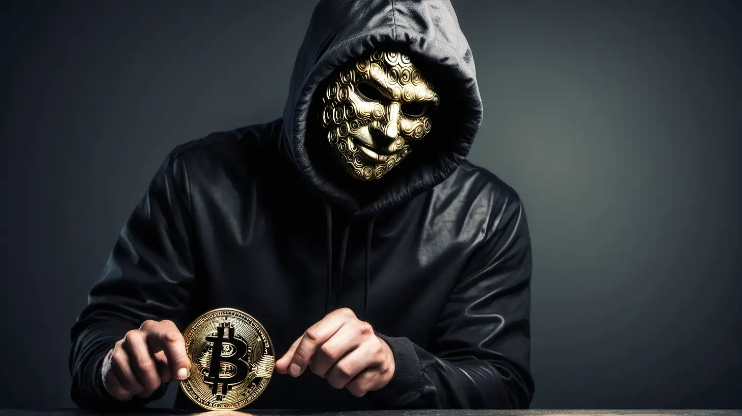 a masked man trying to steal bitcoin