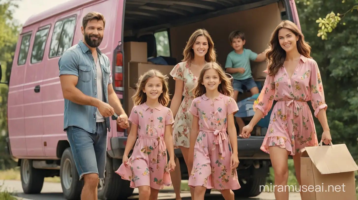 A family consisting of a bearded man  in  jeans and shirt, a woman in a floral dress, a little boy in shorts and blouse, a little girl in a pink dress. The family is using a moving service vehicle to pack their belongings and move to a new home