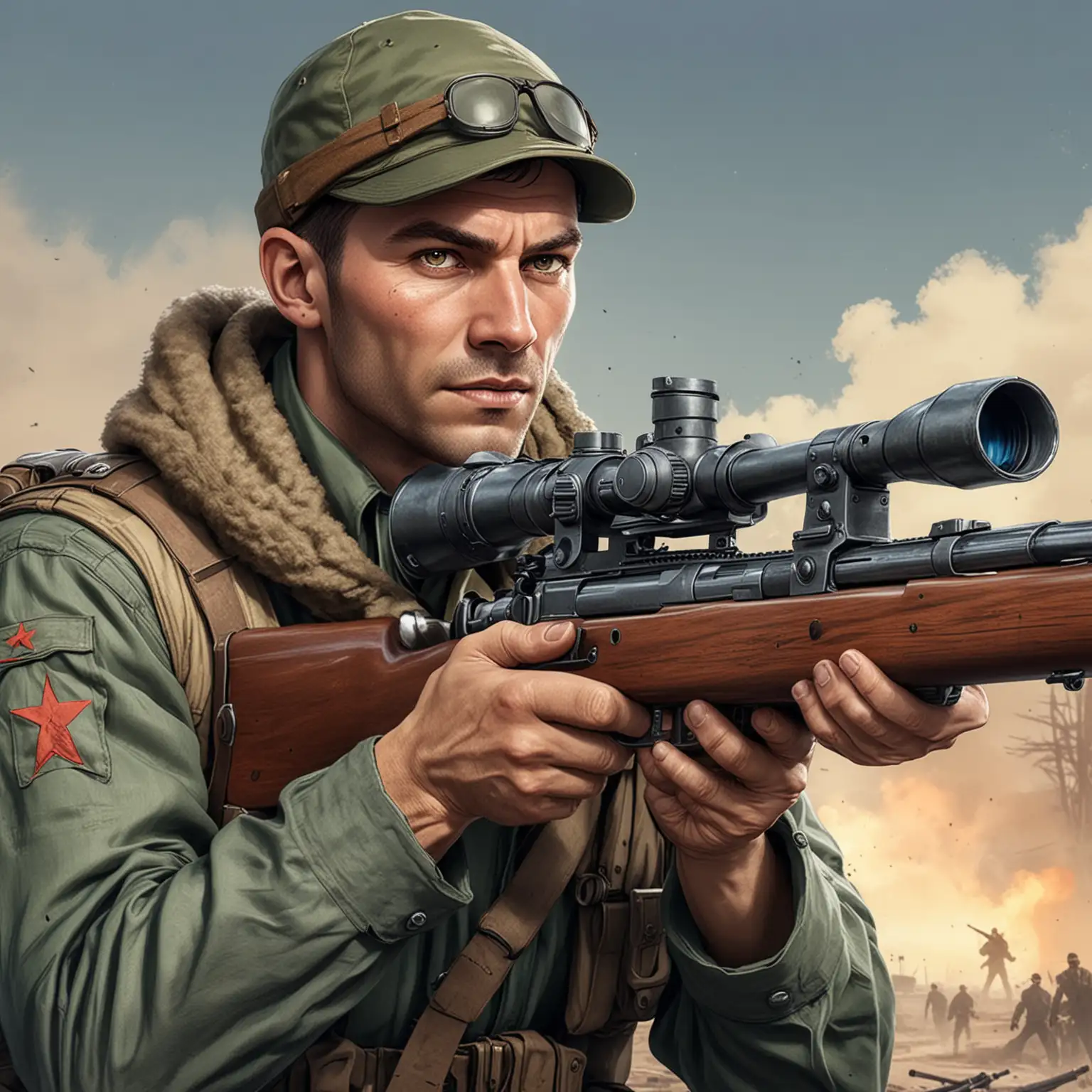 Avatar for strategy game in ww2 setting, unit - soviet sniper with sniper rifle, drawn in comic style colored