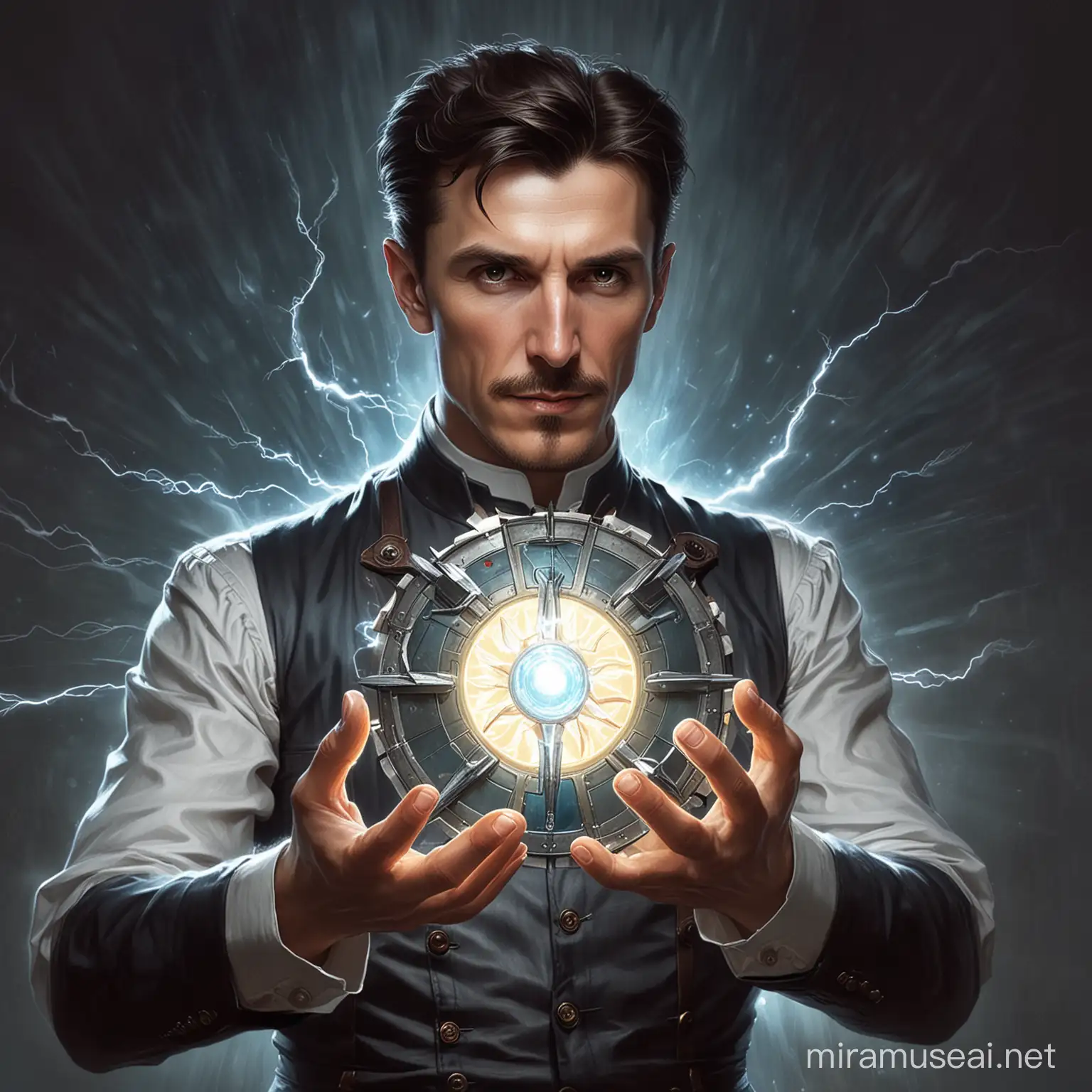 Nikola tesla holding a arc reactor with lightning as super sayan