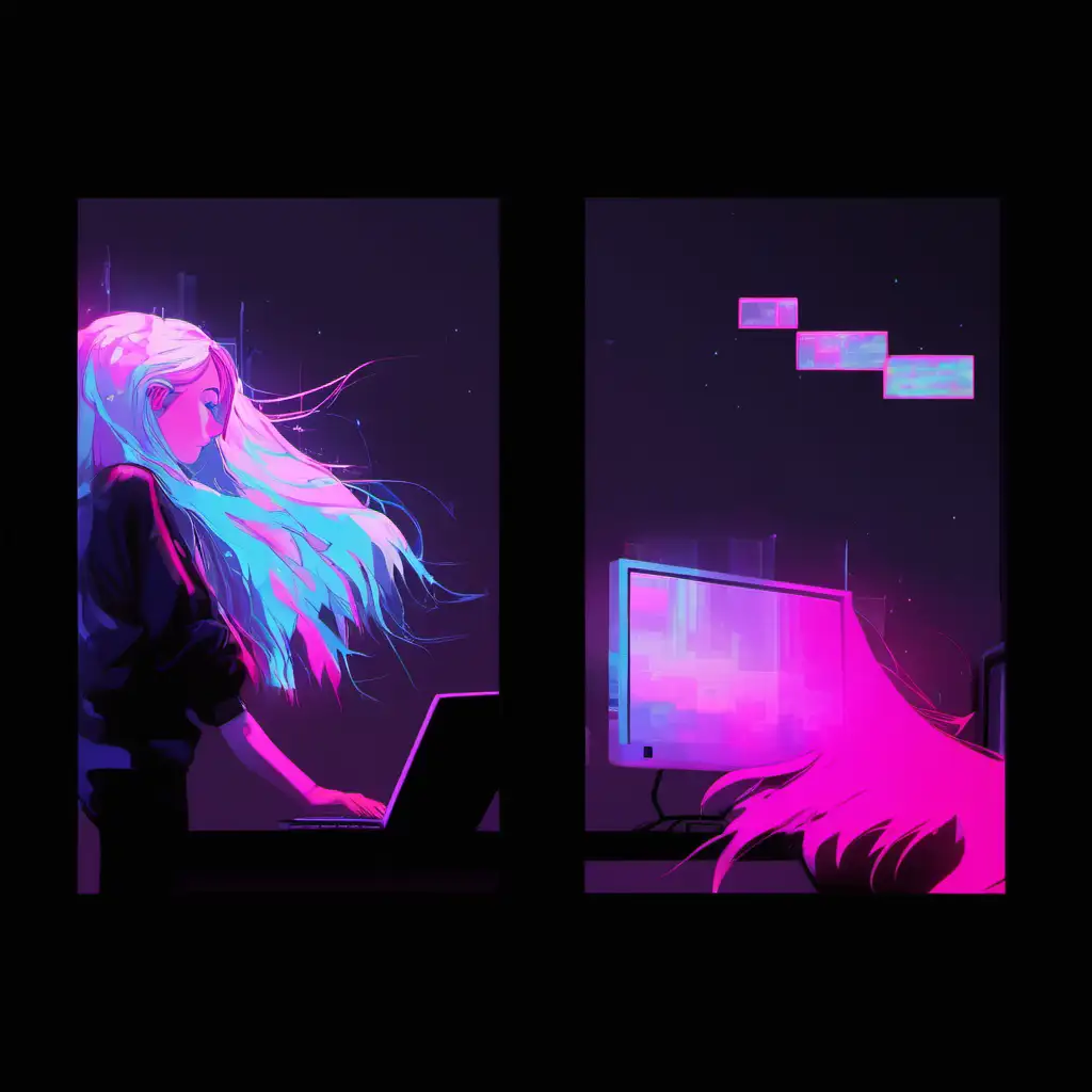 distorted, colorful, monitor, tv screen, digital, pixelated, neon, hot pink, cerulean blue, vibrant, vivid, saturation, girl with long hair on computer, plants, windows. stars
