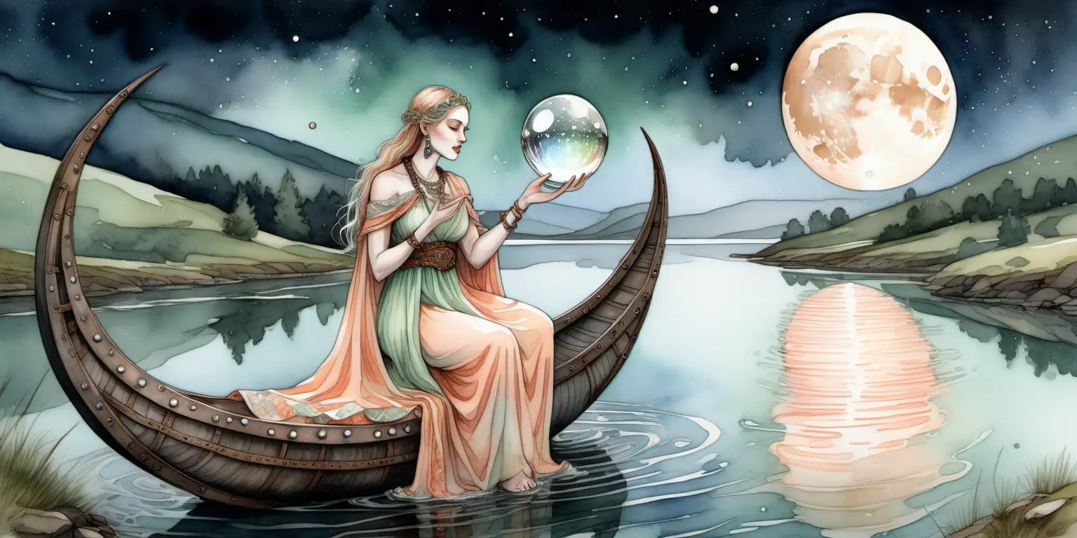 Moonlit Lady of the Lake in a Viking Ship with Crystal Ball