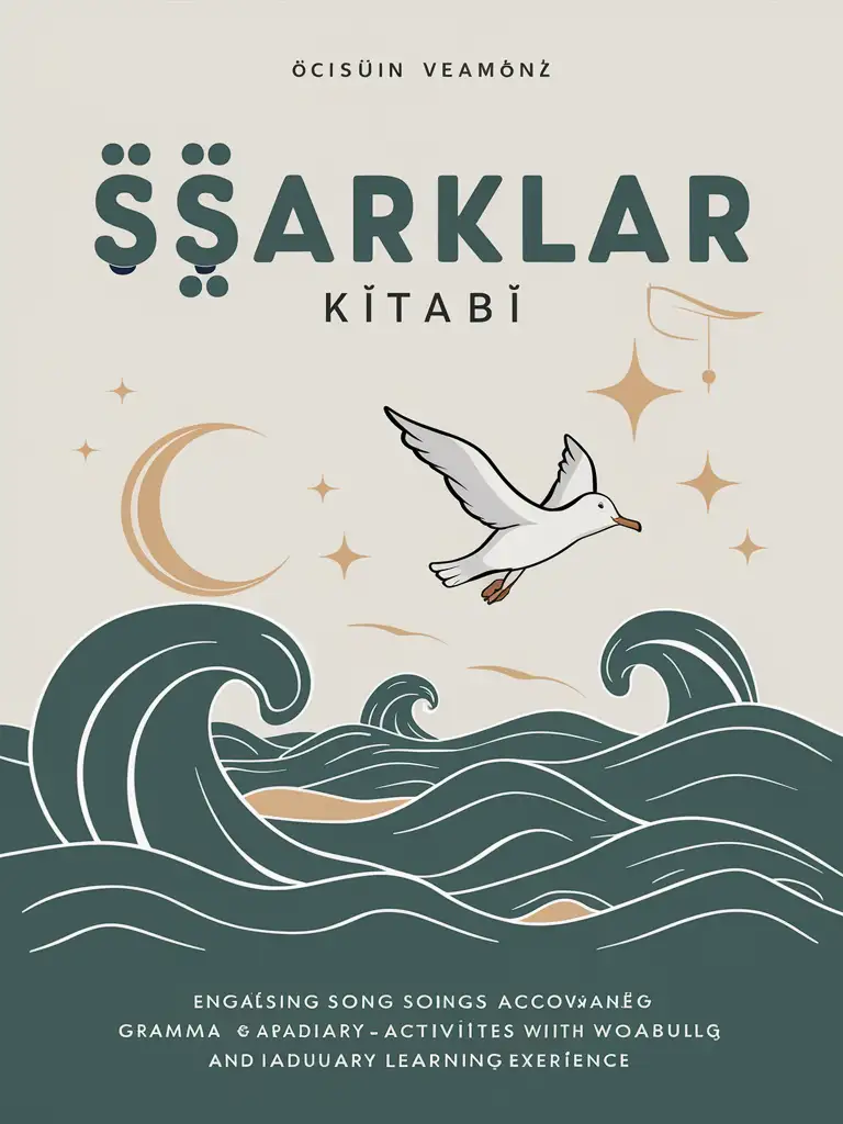 Cover for a book with listening activities. Inside there will be Turkish songs and grammar and vocabulary activities based on them. I would like to see sea waves on the cover. The style is animated cartoon, minimalism. Book title "Şarklar kitabı" 