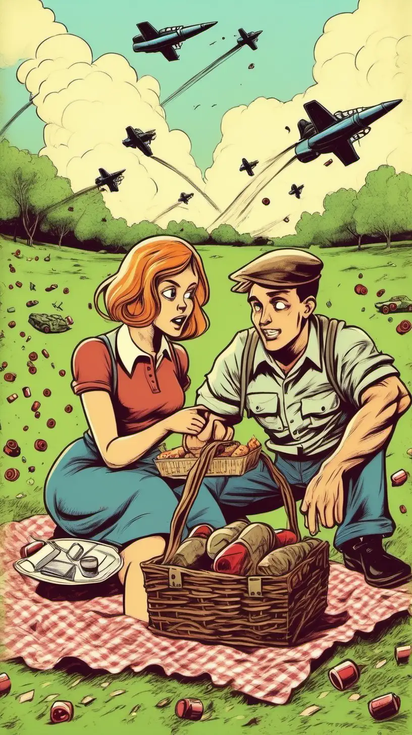 color cartoony. A young man and woman have a picnic in the middle of a battle field with bombs going off