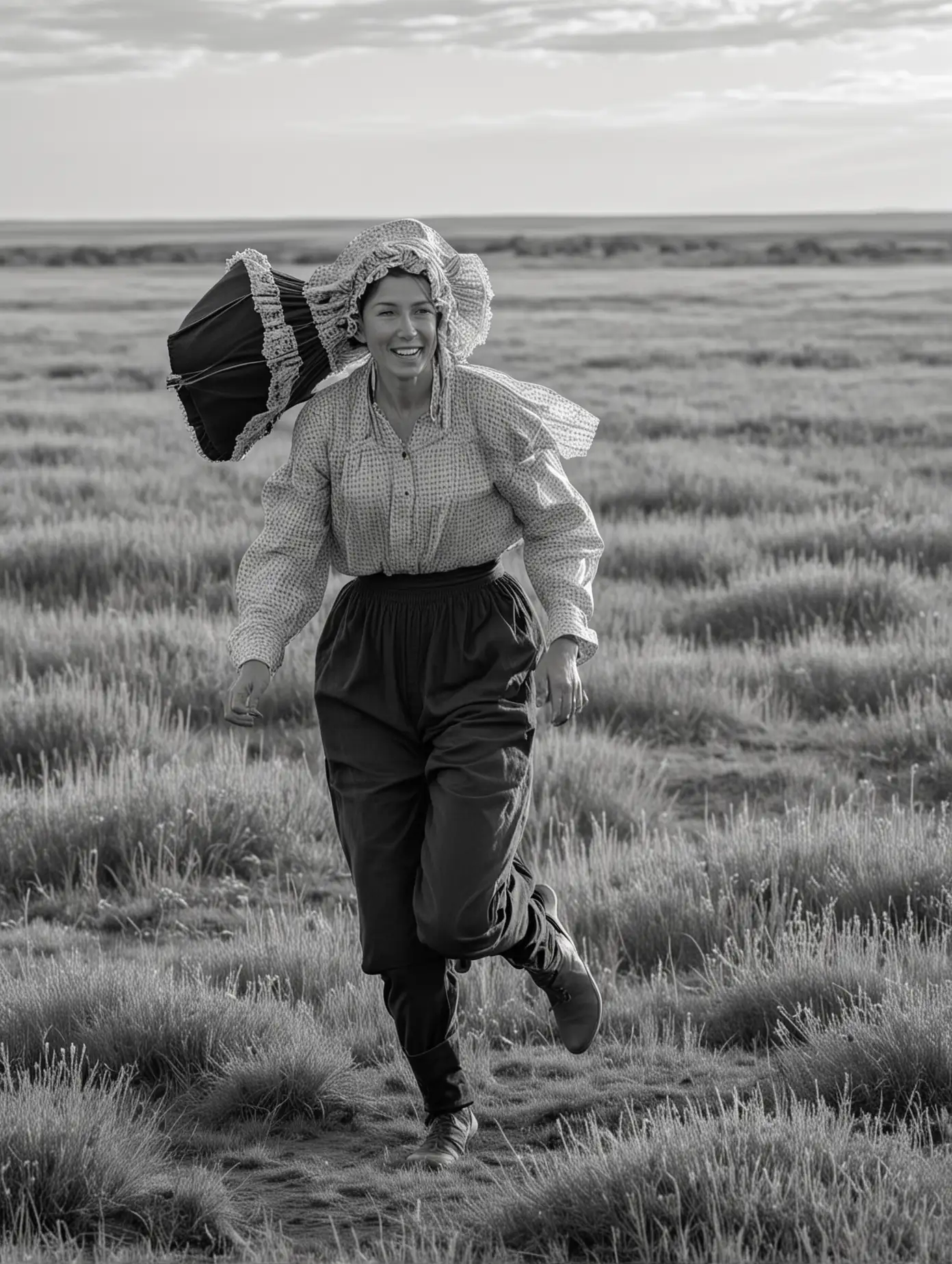 A woman runs through the prairie. She is a pioneer and wears a bonnet. There are buffalo in the background. she is seen from the side. In black and white. 