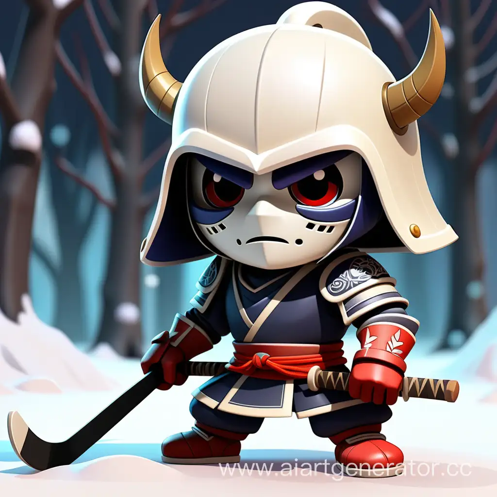 Chibi-Winter-Samurai-in-Hockey-Mask-Adorable-Mobile-Game-Character-in-Snow