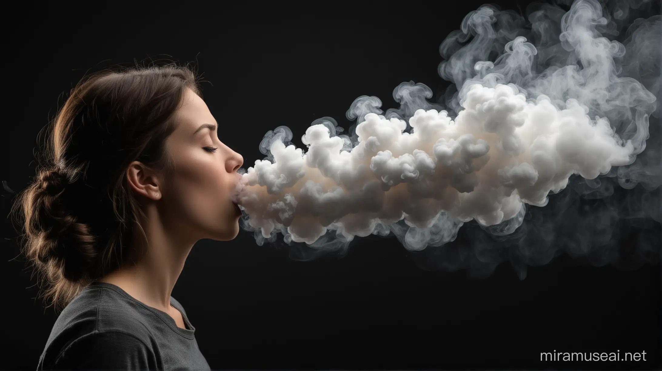 side view of a person blowing out a long thick heavy smoke plume just lips showing on a black background