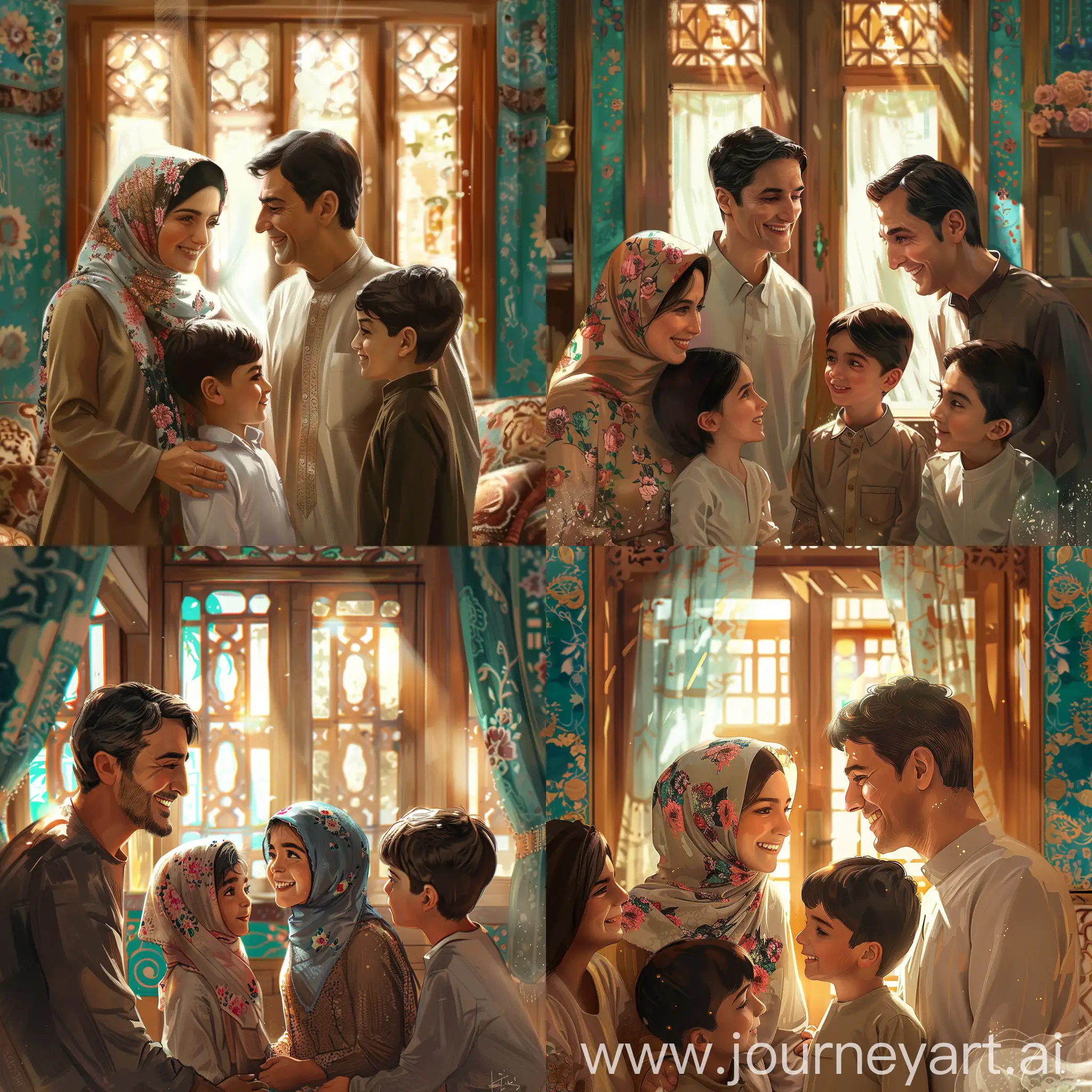 I've created an image based on your description. It captures a traditional Iranian living room with a family of four, exuding warmth and affection. The parents are smiling at their children, who are gazing at each other fondly. The girls are adorned in full hijab with floral headscarves, and the boys are in long-sleeved shirts. Sunlight filters through the wooden windows, illuminating the room's decorative turquoise elements, and the family's closeness is palpable. I hope this image resonates with the intimate and loving atmosphere you described.