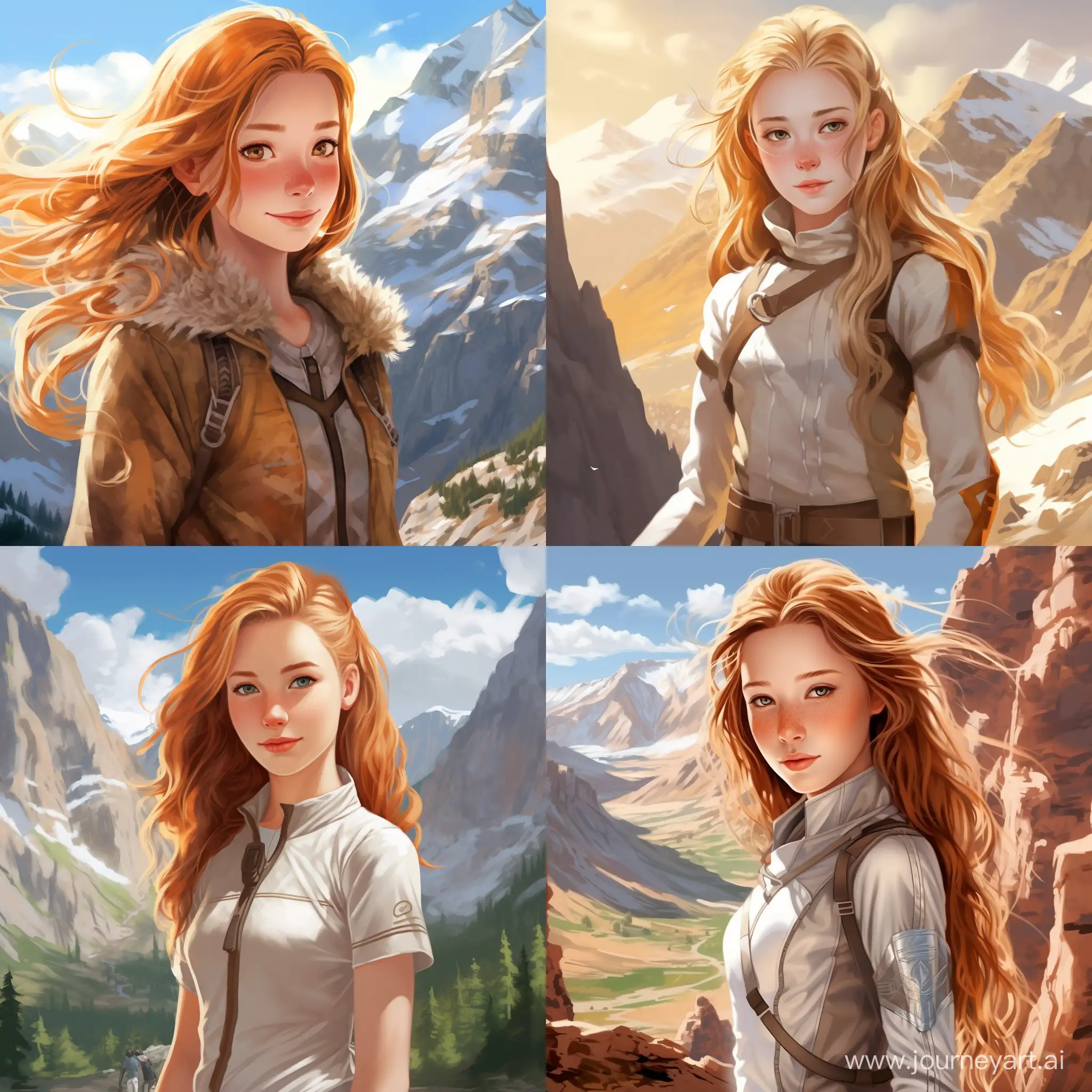 Beautiful girl, golden hair, gray-blue eyes, snow-white skin, teenager, 14 years old, avatar style legend of aang, journey in the mountains, high quality, high detail, cartoon art