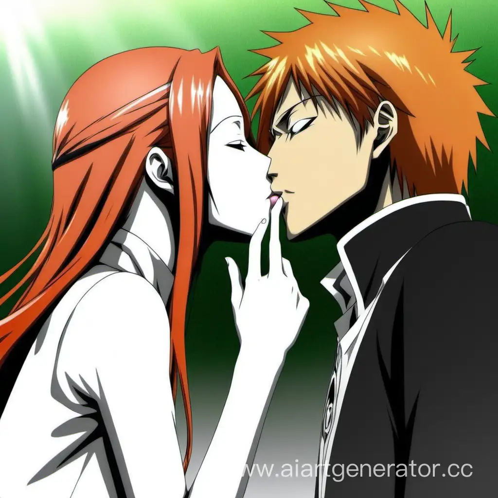 Kurosaki Ichigo and Inoue Orihime from anime bleach kissing