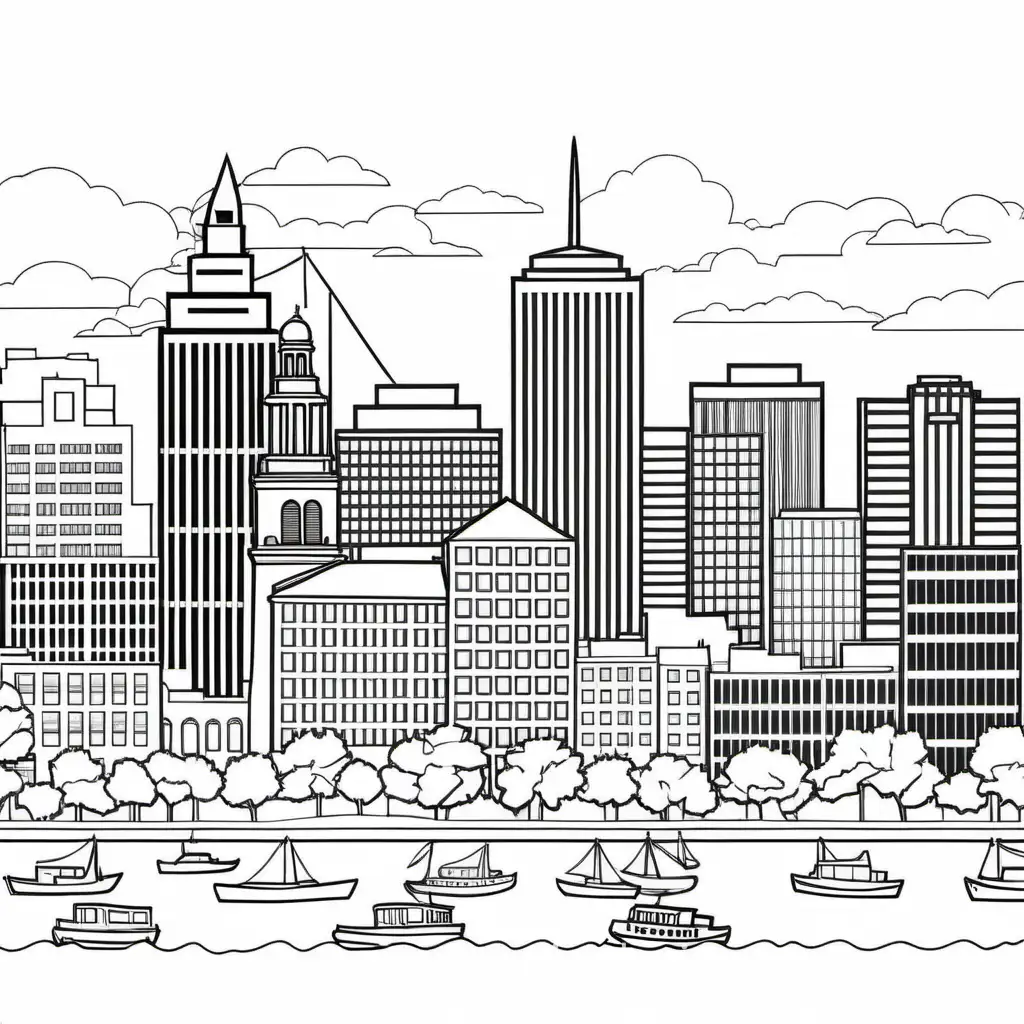 Boston skyline, Coloring Page, black and white, line art, white background, Simplicity, Ample White Space. The background of the coloring page is plain white to make it easy for young children to color within the lines. The outlines of all the subjects are easy to distinguish, making it simple for kids to color without too much difficulty