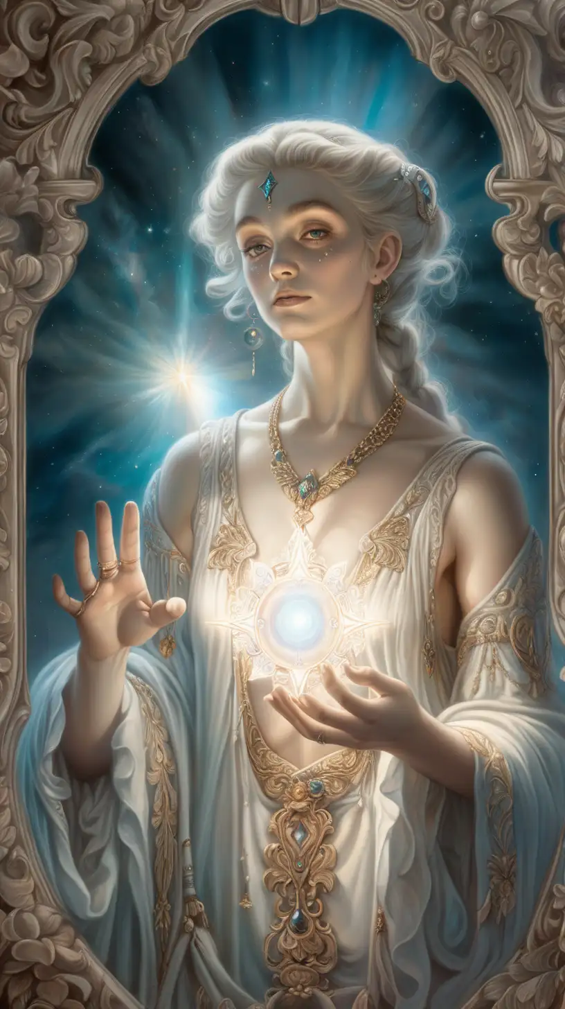 Spiritual guide, holding a shining light, otherworldly, celestial, white, ethereal, realistic color palette, 8k resolution, tattoo-inspired, sfumato, rococo decadence --ar 93:128 --s 750 --v 6.0