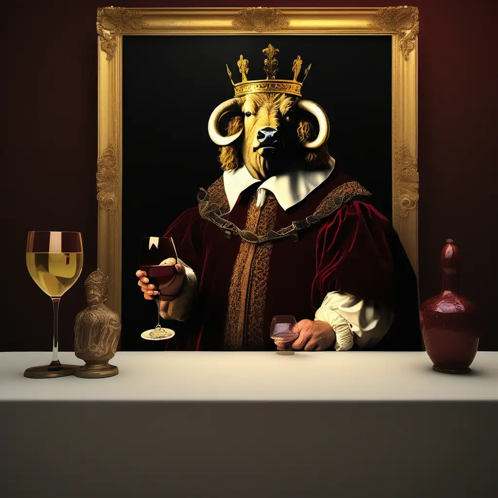 create renessaince rembrant style paiting of a king  without mustache drinking wine with bison behind him
