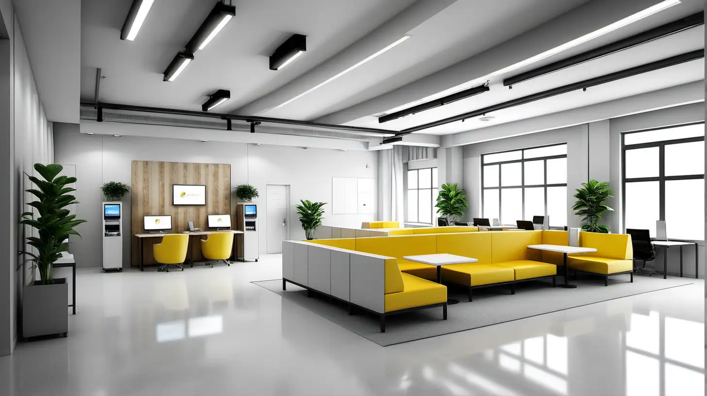 A modern minimalist industrial office layout which cover an area of 5 by 10 meters, where at front consists of ATM machine, a standing desk with digital device, a standing desk for writing, two standing counters for customer service, and at the end of the hall there is a customer lounge with several couches, which the color of the office are dominantly light grey, white, with some wooden panels, and lemon yellow at some part, beautified with some small green plant at some corners.