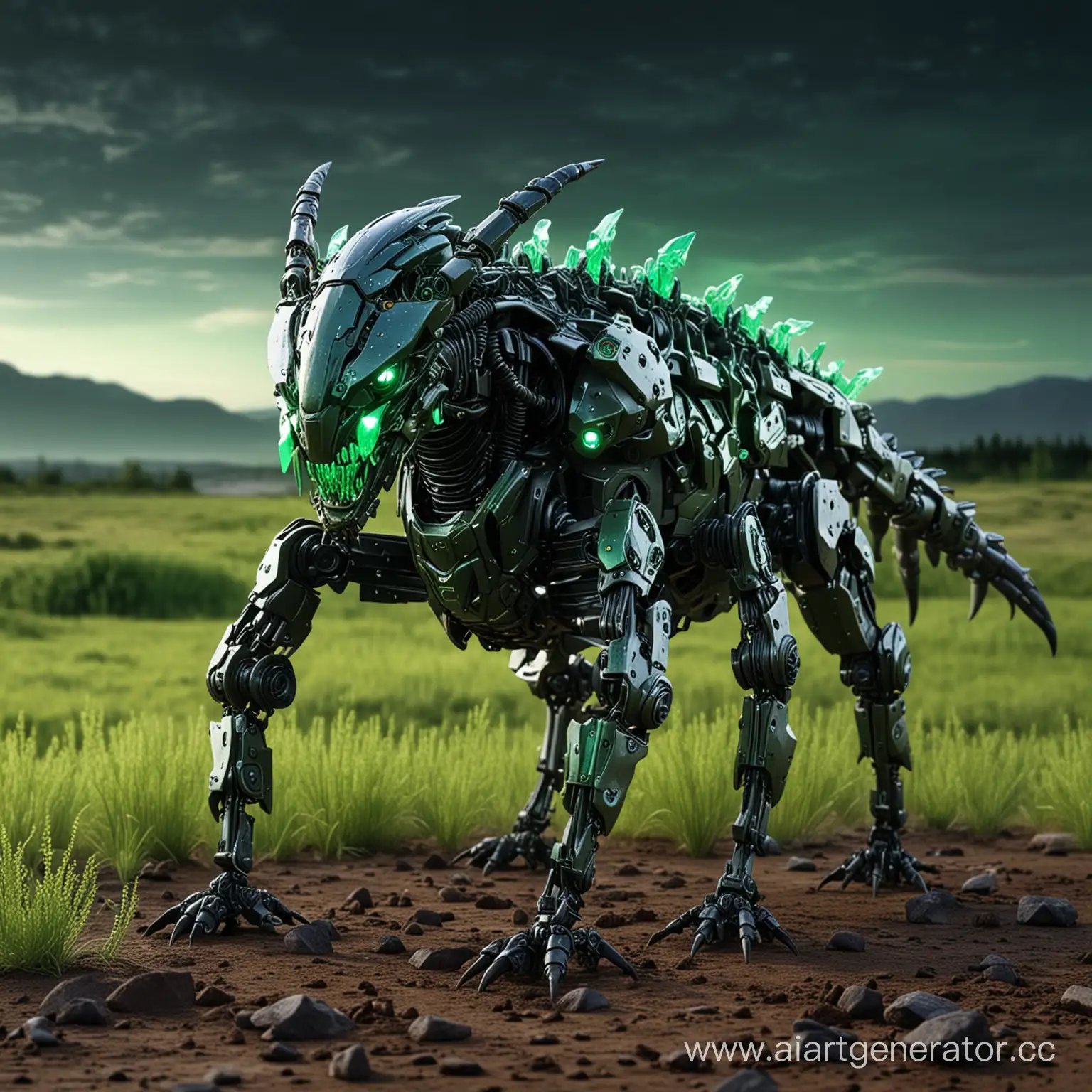 Робот волк скорпион на поле с зелёными светящимися кристаллами