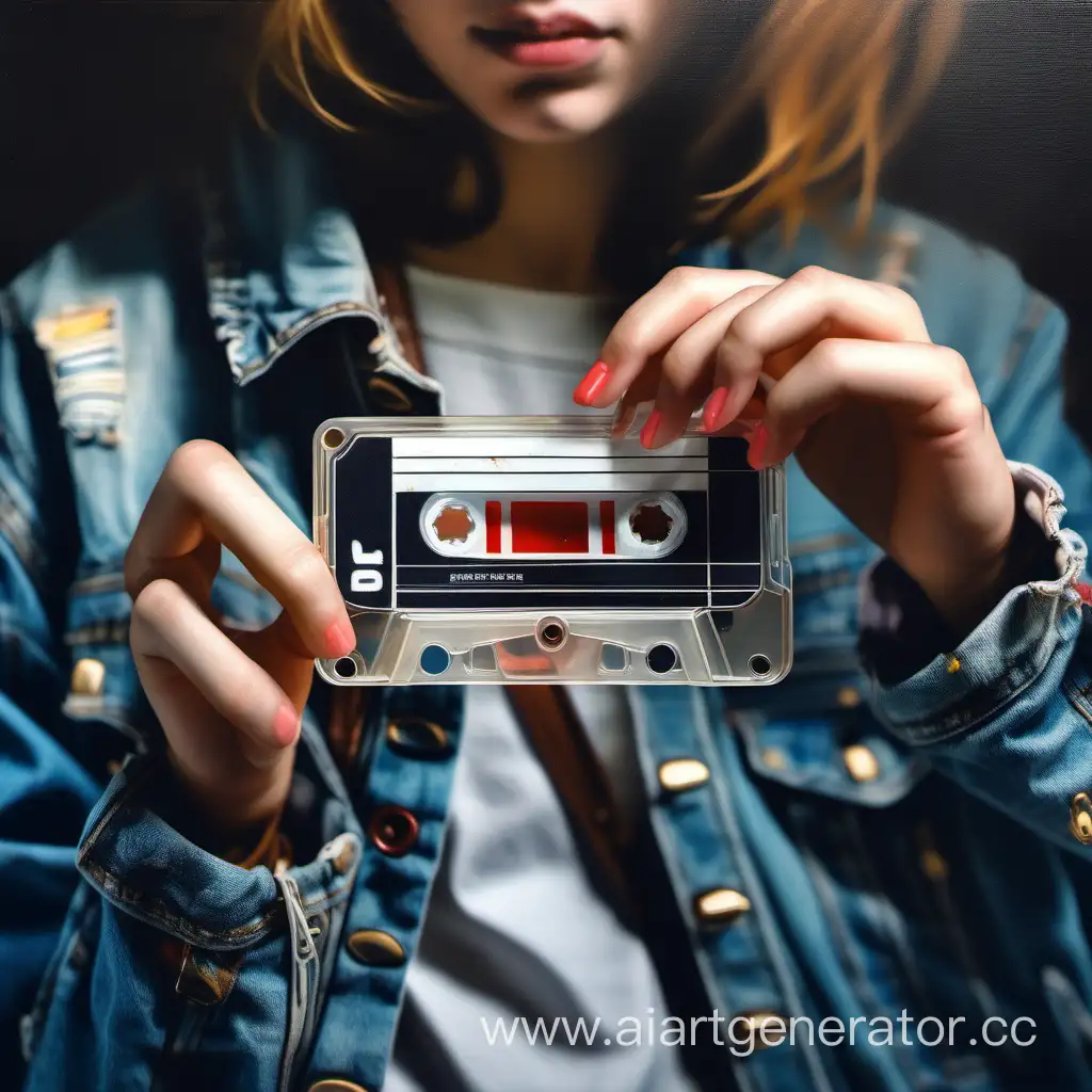 music cassette close-up in the hands of a girl in a denim jacket with a pencil between her fingers, nostalgia, oil painting, cinematic lighting