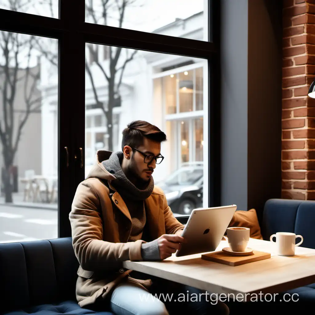 Cosy coffee shop for working as a designer, the designer is sitting near the window drinking hot coco and he is holding an ipad for work