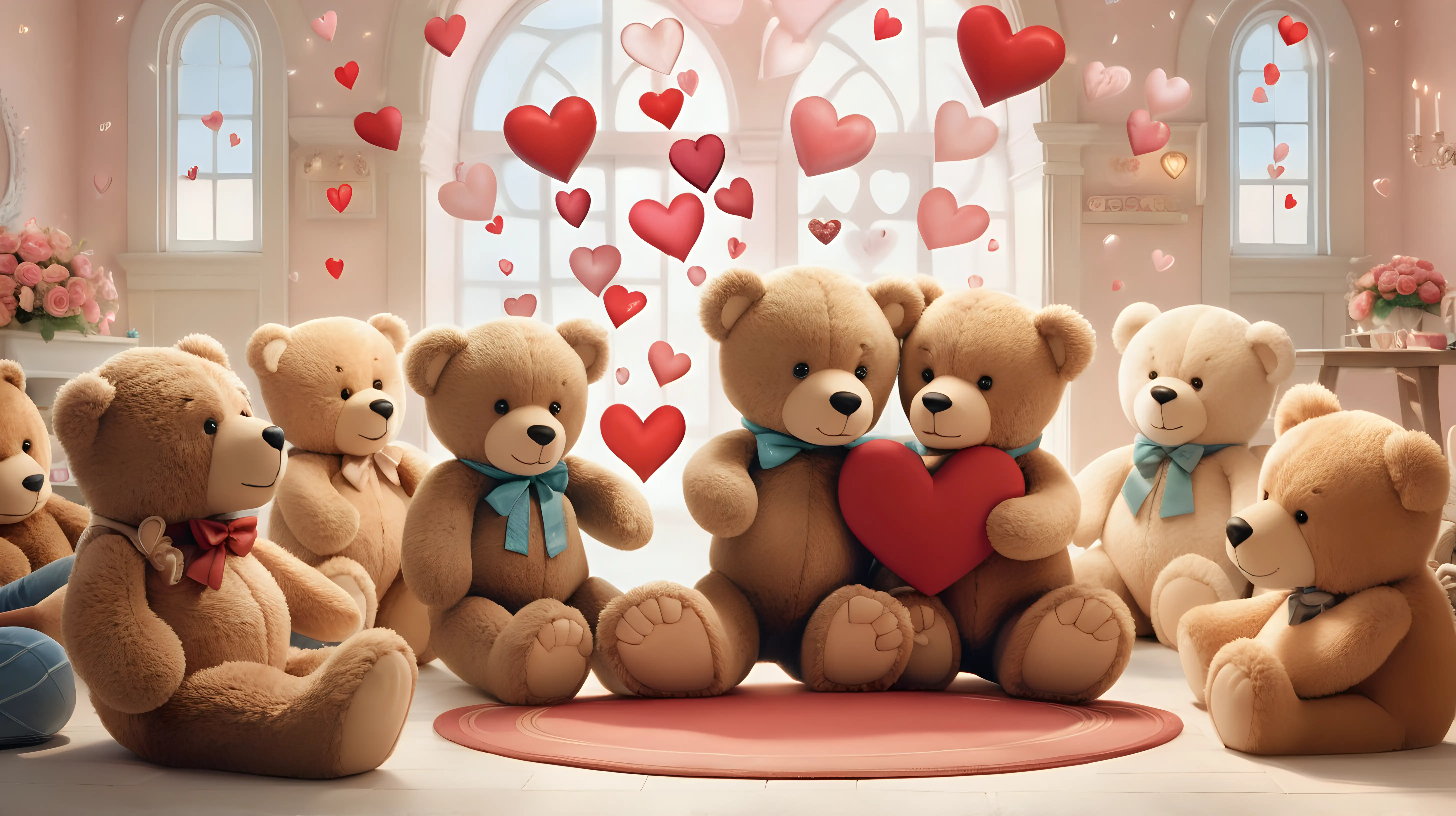 A heartwarming scene with a blank space in the middle, encircled by love-filled hearts and cuddly teddy bear companions.