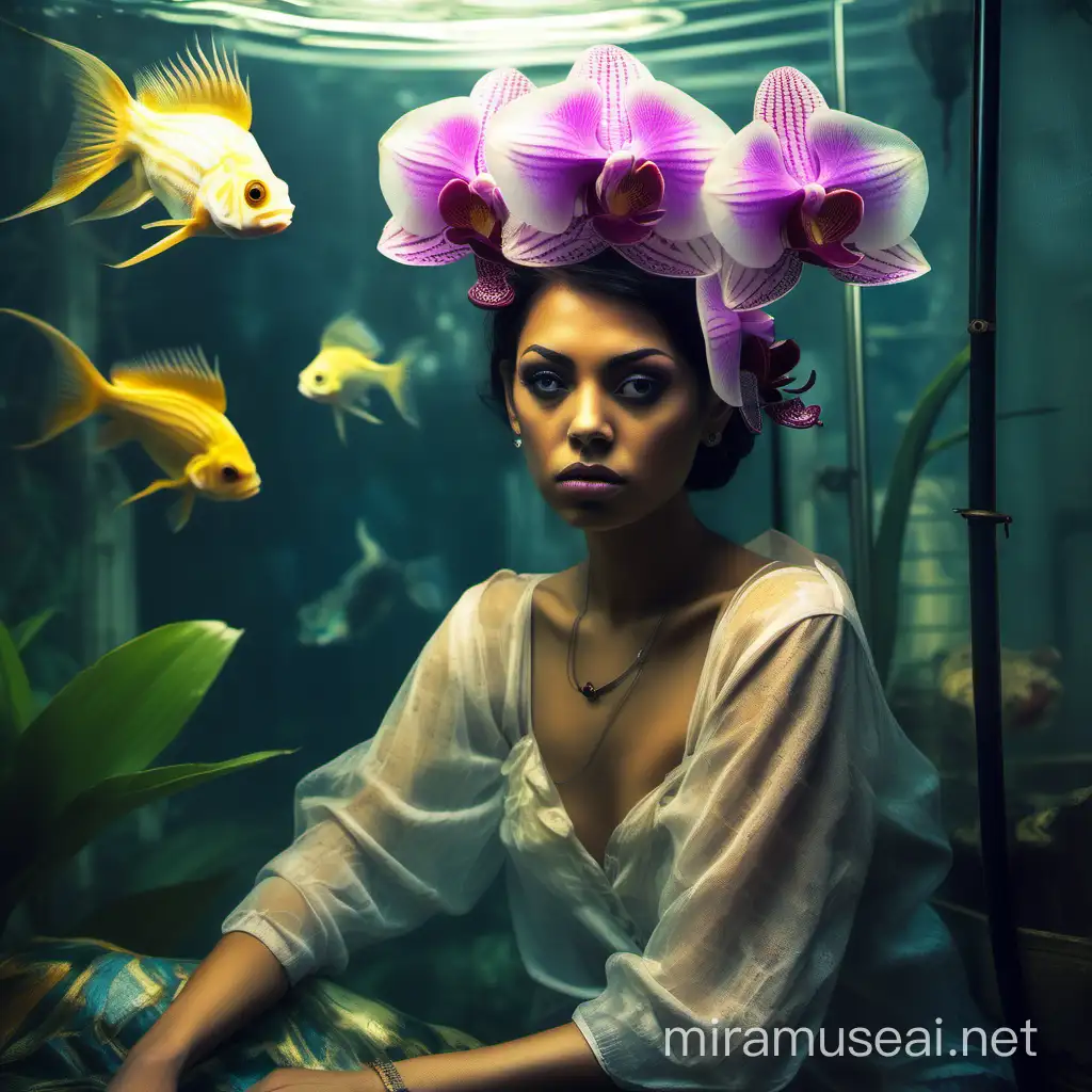 a young woman in a see-through blouse, sitting facing me and looking worried. Exotic fish and orchids surround her head. Dramatic atmosphere