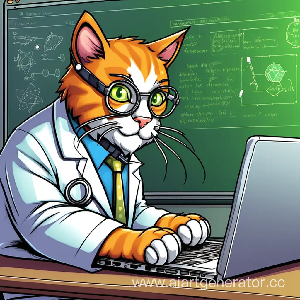 кот ученый обучает студентов через ноутбук