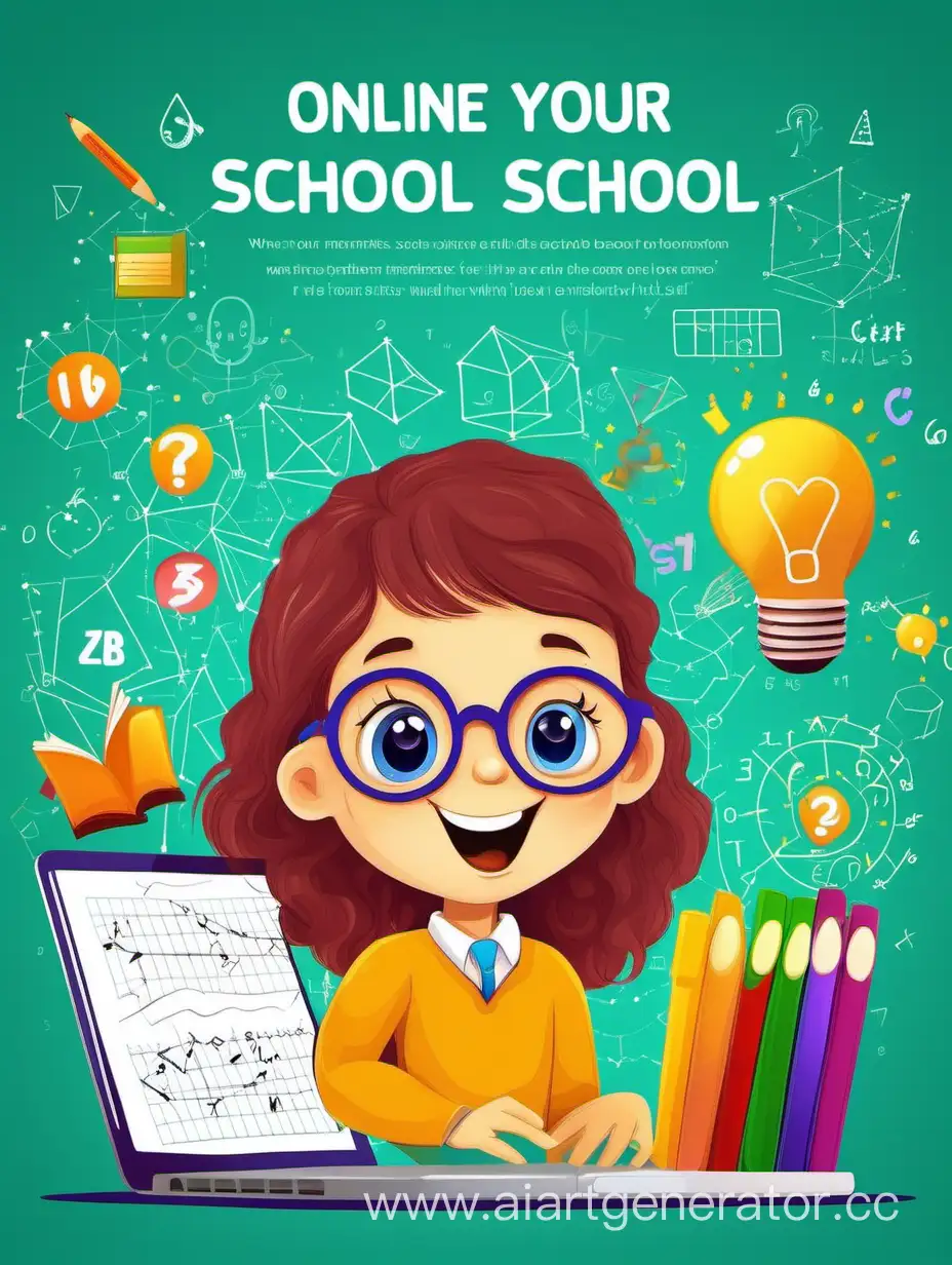 баннер для онлайн-школы с персонажем умным и веселым, яркий, для социальных сетей с текстом Хочешь, чтобы твой ребенок стал гением? Мы не обещаем, но можем помочь с математикой, добавить вниз каких-нибудь предметов