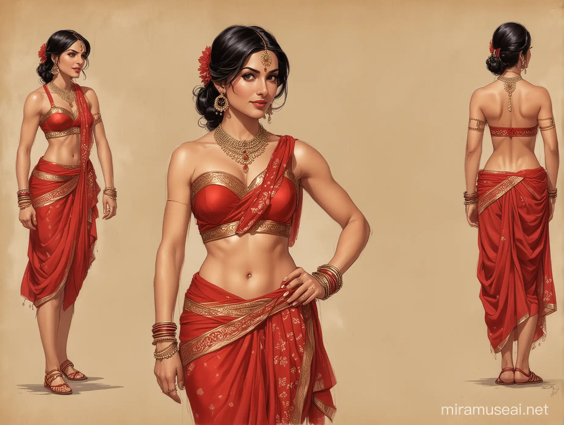 generate an illustration art style image of Diana Palmer Walker(Comics characteer, drawn by Sy Barry), wearing traditional bandeau red lingerie, red saree and red Indian Sheer dhoti, with appropriate accessories such as bangles, armlets and a bindi, while maintaining her recognizable features and elegance.. full body image.