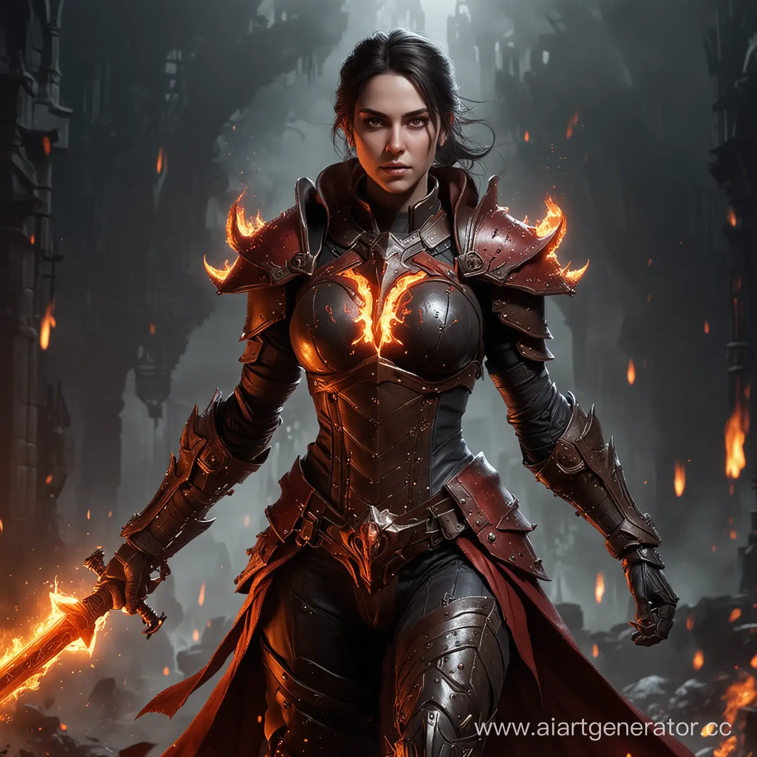 Inferno Inquisitor:She is Hellish hero, wearing armor that burns with the flames of the underworld, capable of wielding infernal powers. Make it cinematic 