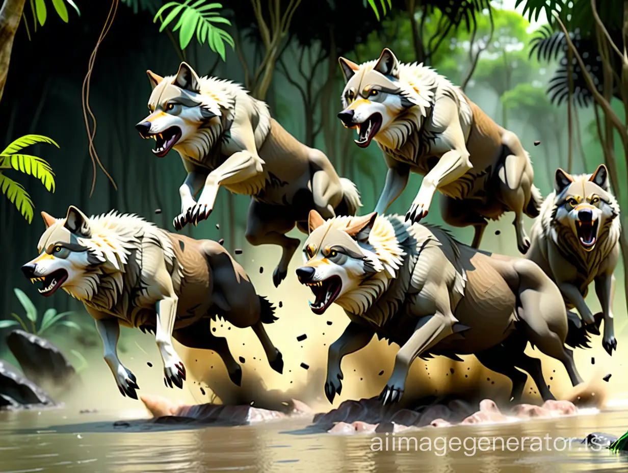 pack of wolves jumping on the buffaloes in jungle