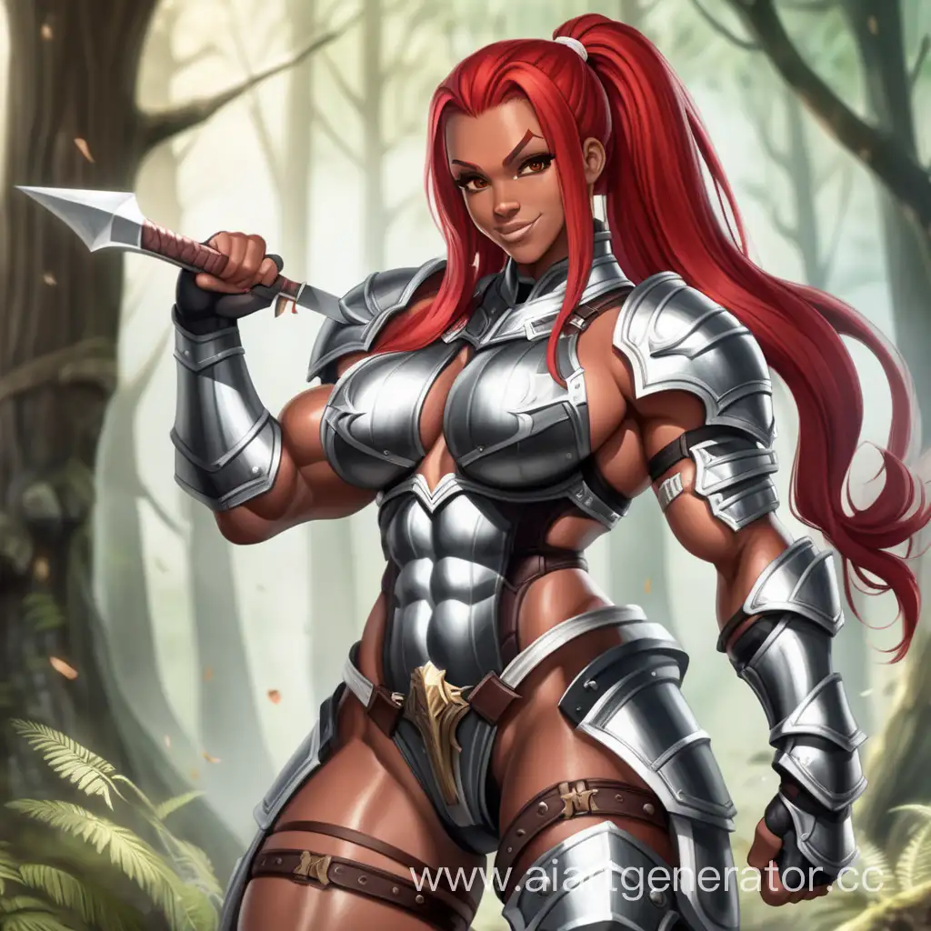 Fantasy Forest, 1 Person, Women, Human, Scarlet Red Hair, Long hair, Ponytail Hair style, Dark Brown Skin, White Full Body Armor,  Chocer,  Black Liptsick, Serious smile, Big Breasts, Brown eyes, Sharp Eyes, Flexing Muscles, Big Muscular Arms, Big Muscular Legs, Well-toned body, Muscular body, 