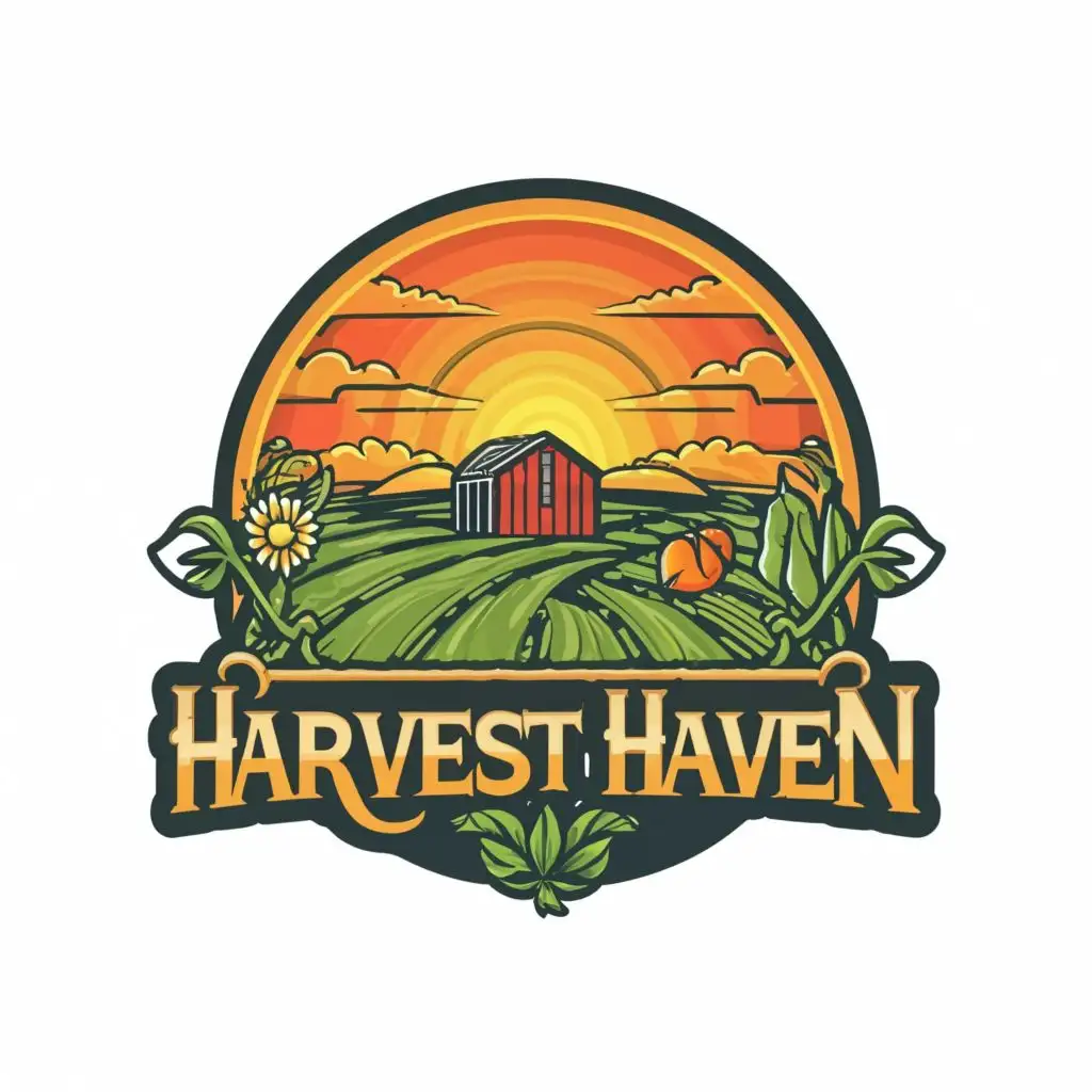 logo, A vibrant illustration of a lush farm field with a stylized sun rising over it, conveying freshness and abundance., with the text "Harvest Haven", typography, be used in Retail industry