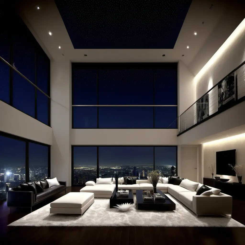 Can you create a very luxurious living room penthouse with high ceilings at night 