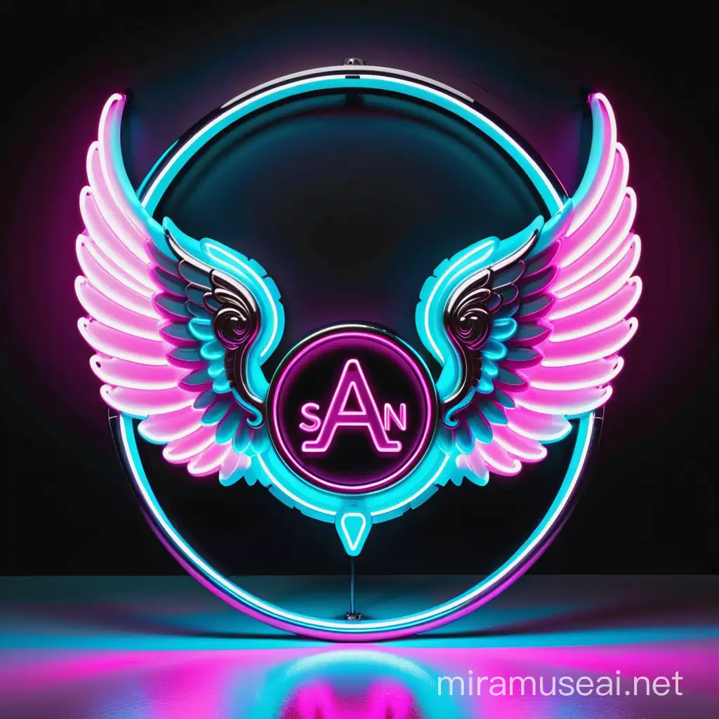 
luxury neon logo sign. "Ashn". large and bulky. very intricately and microscopically detailed. the color scheme is magenta, light white, chromatic, baby blue. Angel wings in the background.