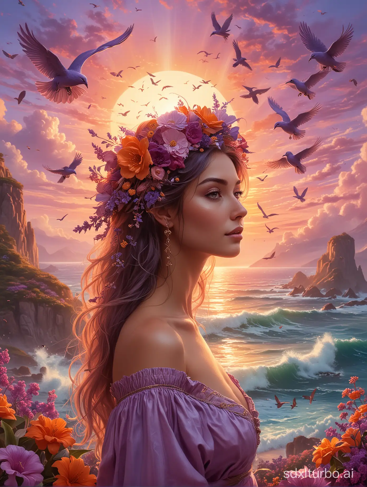 Create a fantasy-themed image of a woman with an elaborate floral arrangement in her hair. The backdrop is a vibrant sunset over a seascape. The color palette is dominated by shades of purple, pink, and warm oranges, creating an ethereal and otherworldly atmosphere. There should be a field of flowers of various types in the foreground, contributing to the dreamlike quality. Include birds in flight and small figures in the distance to add liveliness to the scene. The overall impression should be one of serenity and enchantment, as if the woman is part of a grand, magical world.