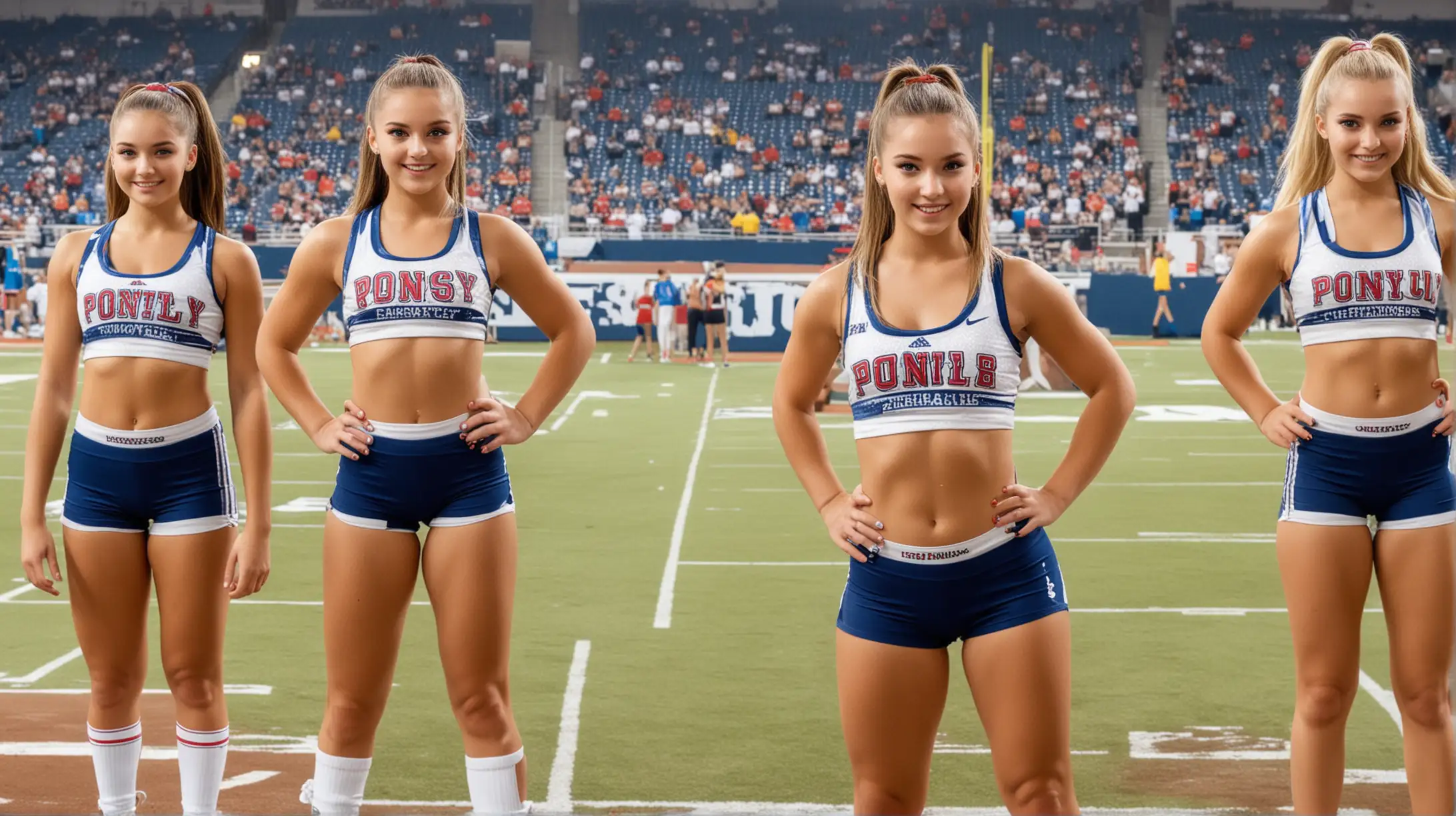 Young Cheerleaders in Bike Shorts and Crop Tops at Sports Stadium