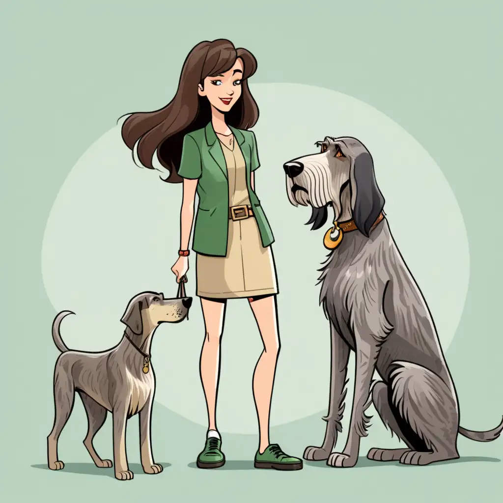 cartoon, a brunette woman and her irish wolfhound and coonhound