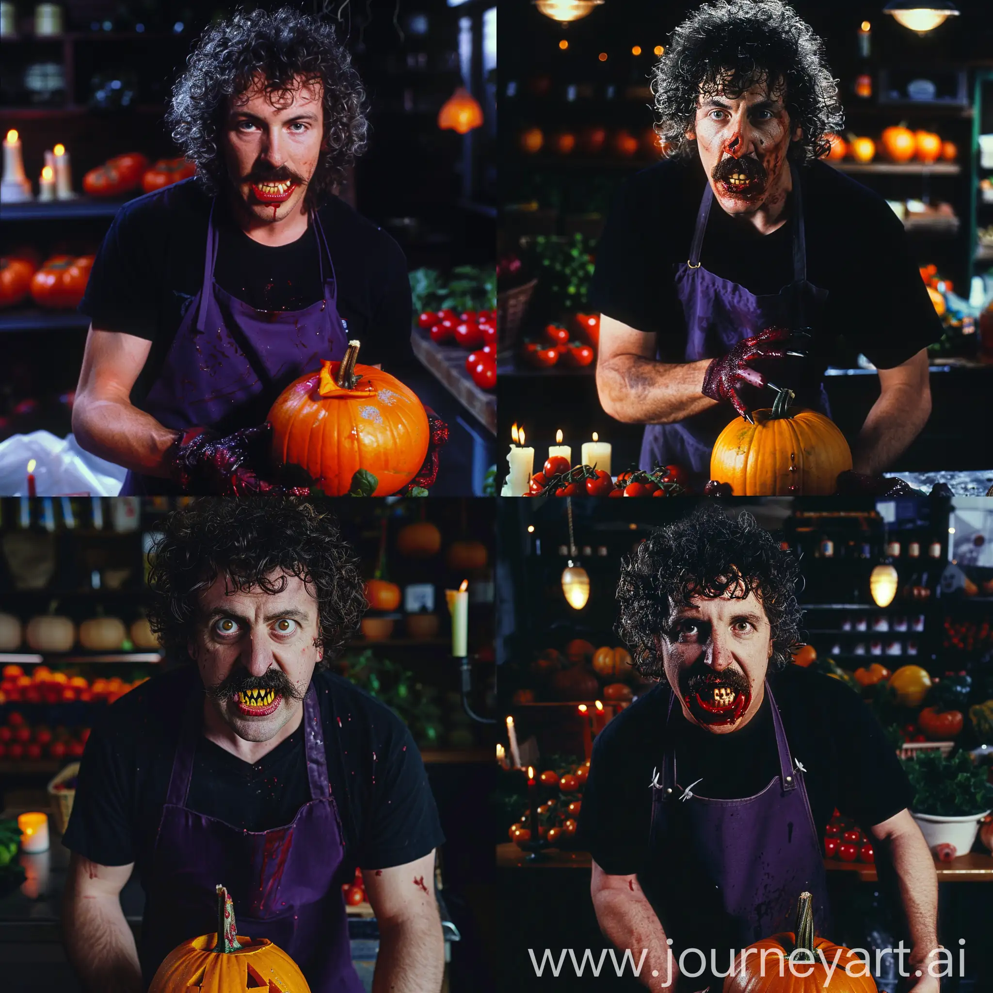 35 years old greengrocer man with curly hair and mustache, wearing black t-shirt and dark purple apron, he has sharp and big teeth, bloody attire, has a pumpkin in his hand, dark store, there is tomatoes on the benchtop, creepy environment, candles, dark colors, vhs