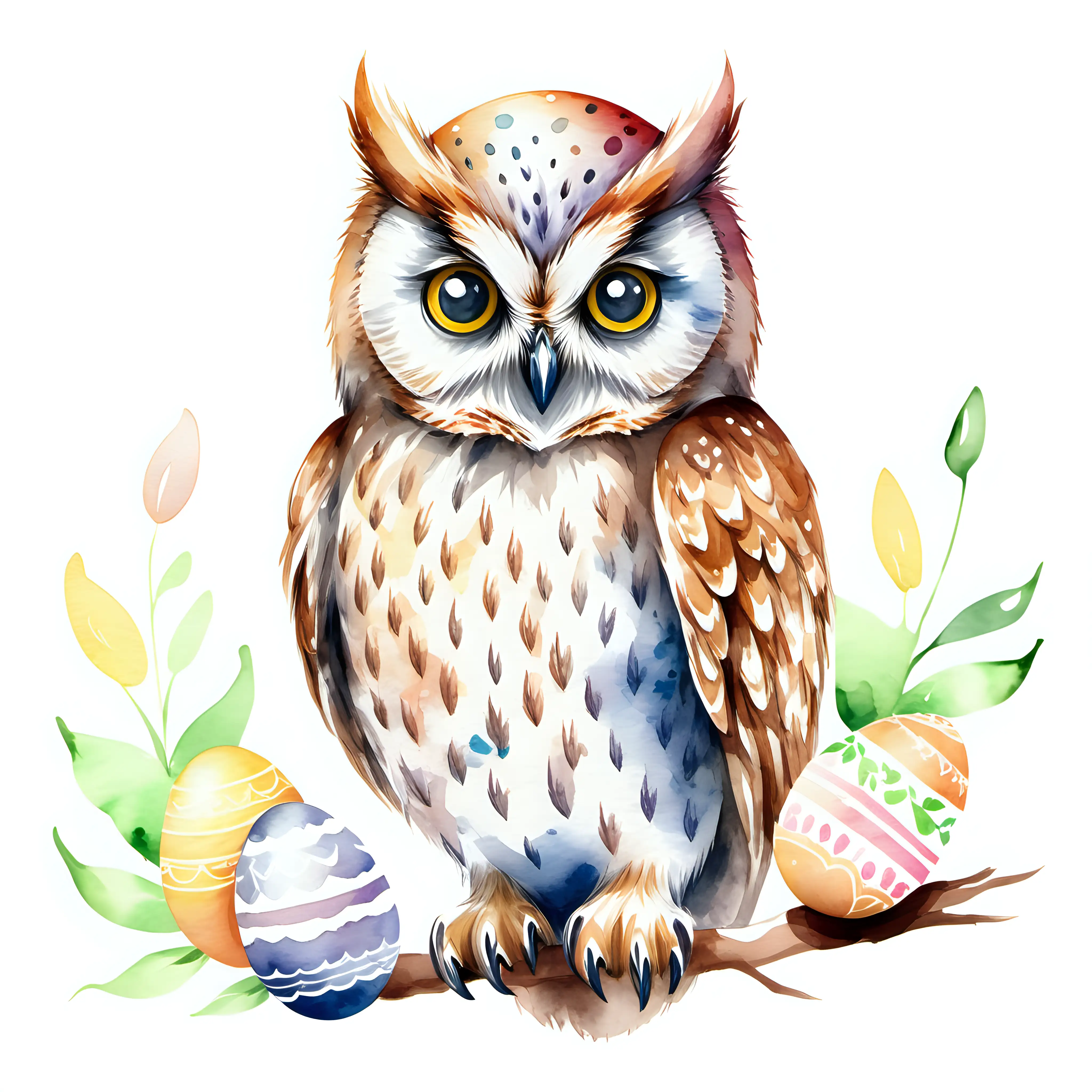 Easter Owl Watercolor Painting on White Background
