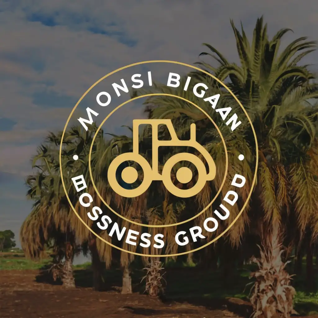 a logo design,with the text 	extit{MONSI BIGAN BUSINESS GROUP (INC)}, main symbol: tractor surround by circle with oil plam tree at background