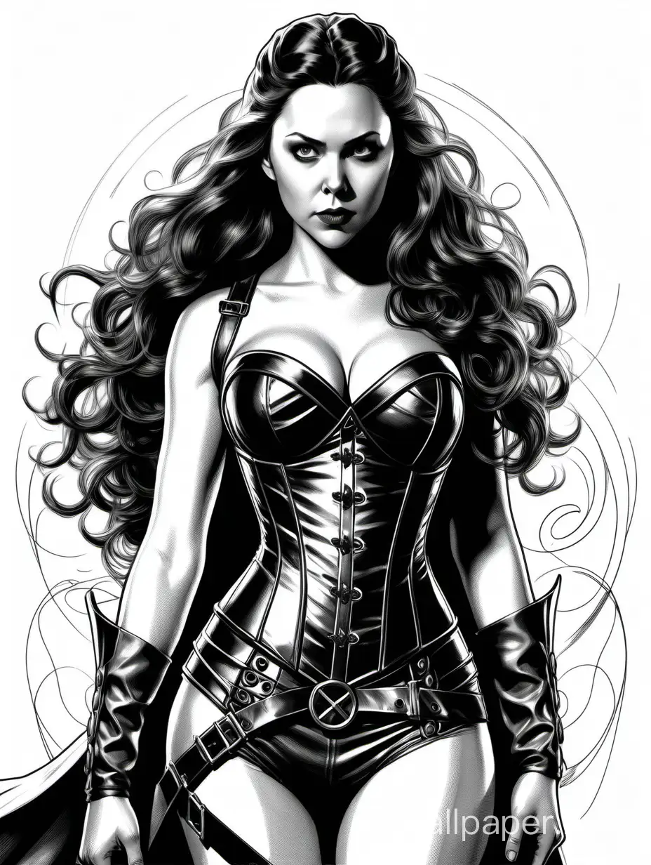 Scarlet witch, young woman 22 years old, long dark hair, 4-size chest, narrow waist, wide hips, corset with buttons, thong with metal overlays, weapon, black and white sketch, white background, full-length, poster style