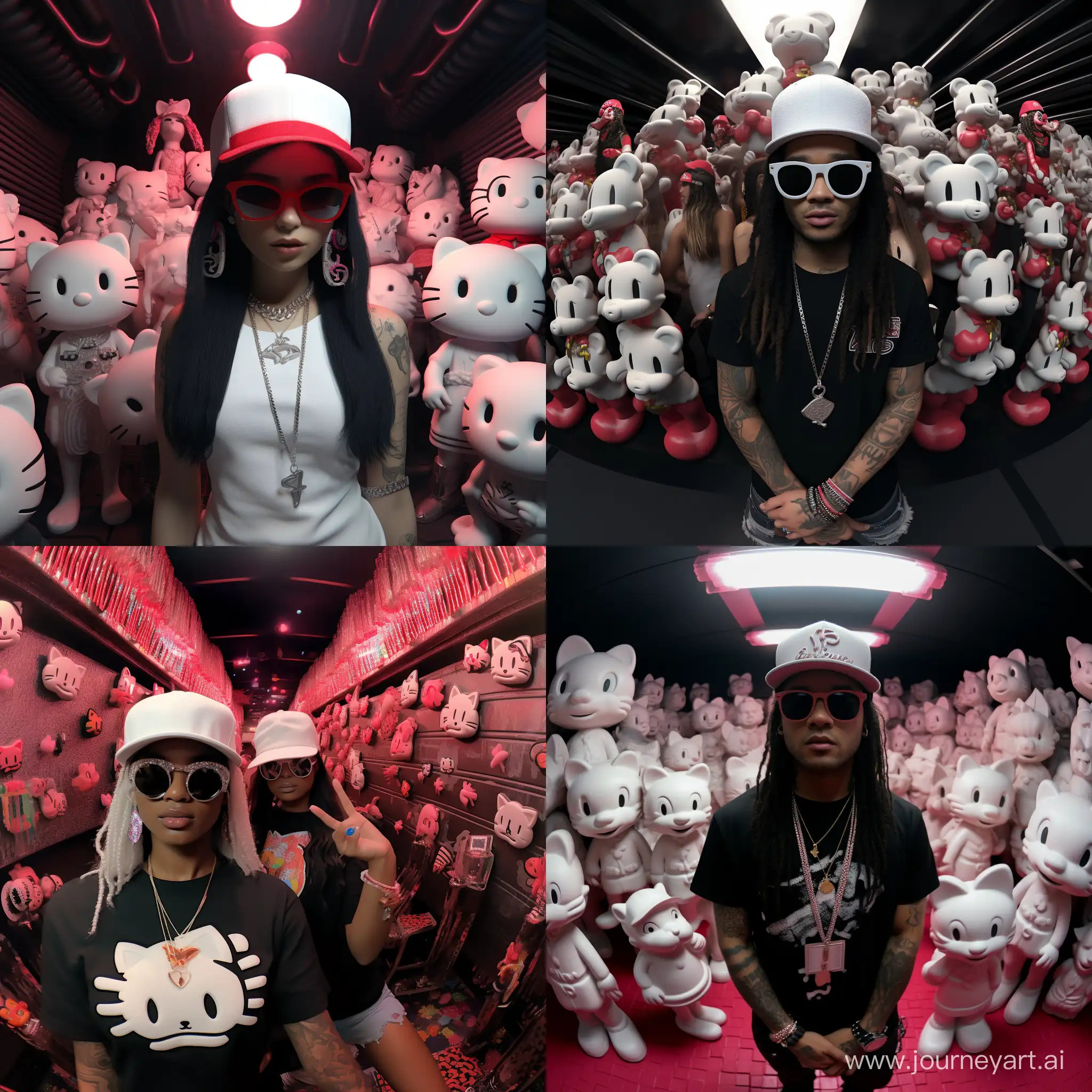 Stylish-Rappers-in-White-Hats-and-Sunglasses-at-3D-Club-Entrance-with-Hello-Kitty