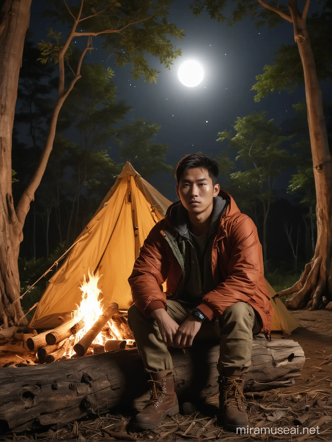 Nighttime Camping Asian Man by Bonfire in Tropical Forest