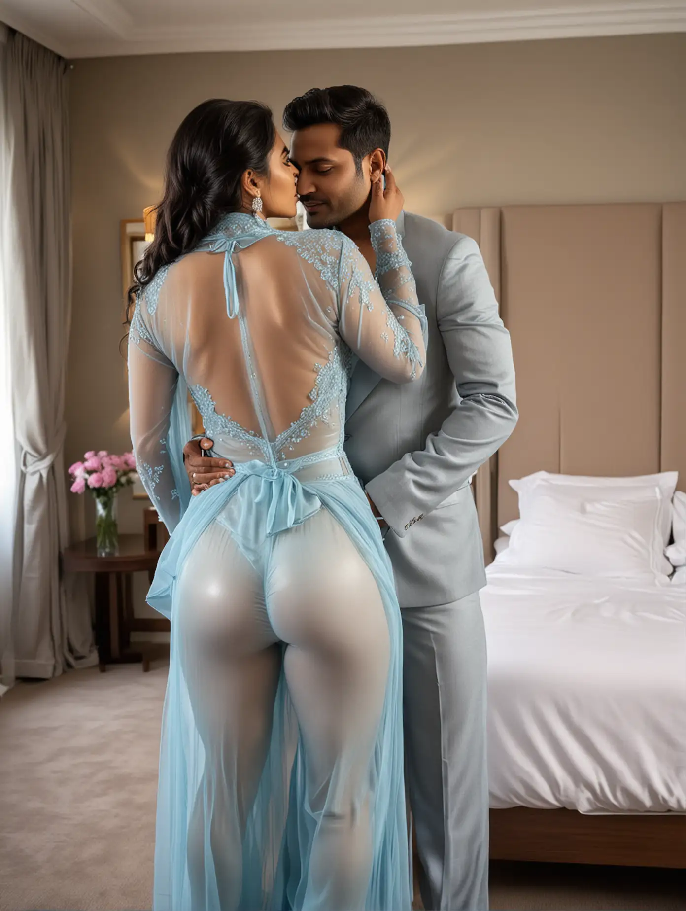 Generate full  body back view image of a 45 year old very busty and curvy Indian woman  wearing skin tight very shining sky blue see through full transparent chiffon full sleeve and  full pant  bodysuit  standing with  her boyfriend wearing formal grey suit in a heritage hotel bedroom and hugging her from behind